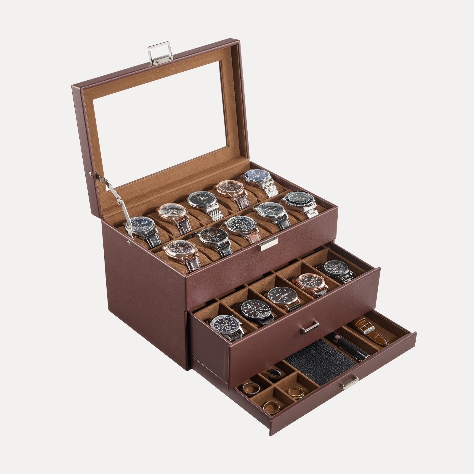 3-Layer Multi-Function Watch Display Case with Glass Lid (20 Slots)