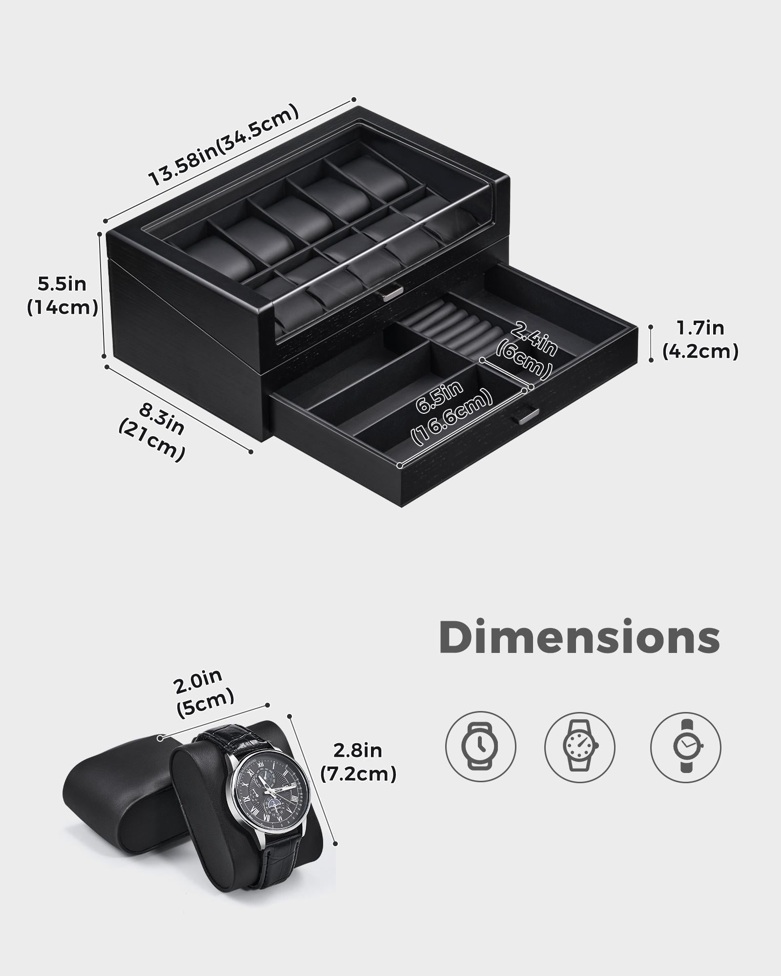 Multi-Function Wooden Watch Box with L-Shaped Clear Window & Drawer