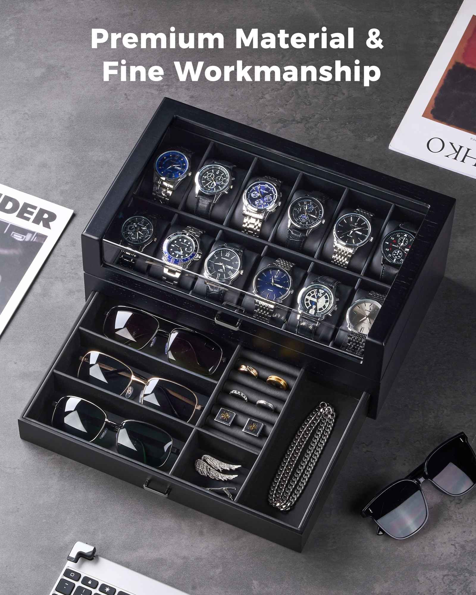 Multi-Function Wooden Watch Box with L-Shaped Clear Window & Drawer