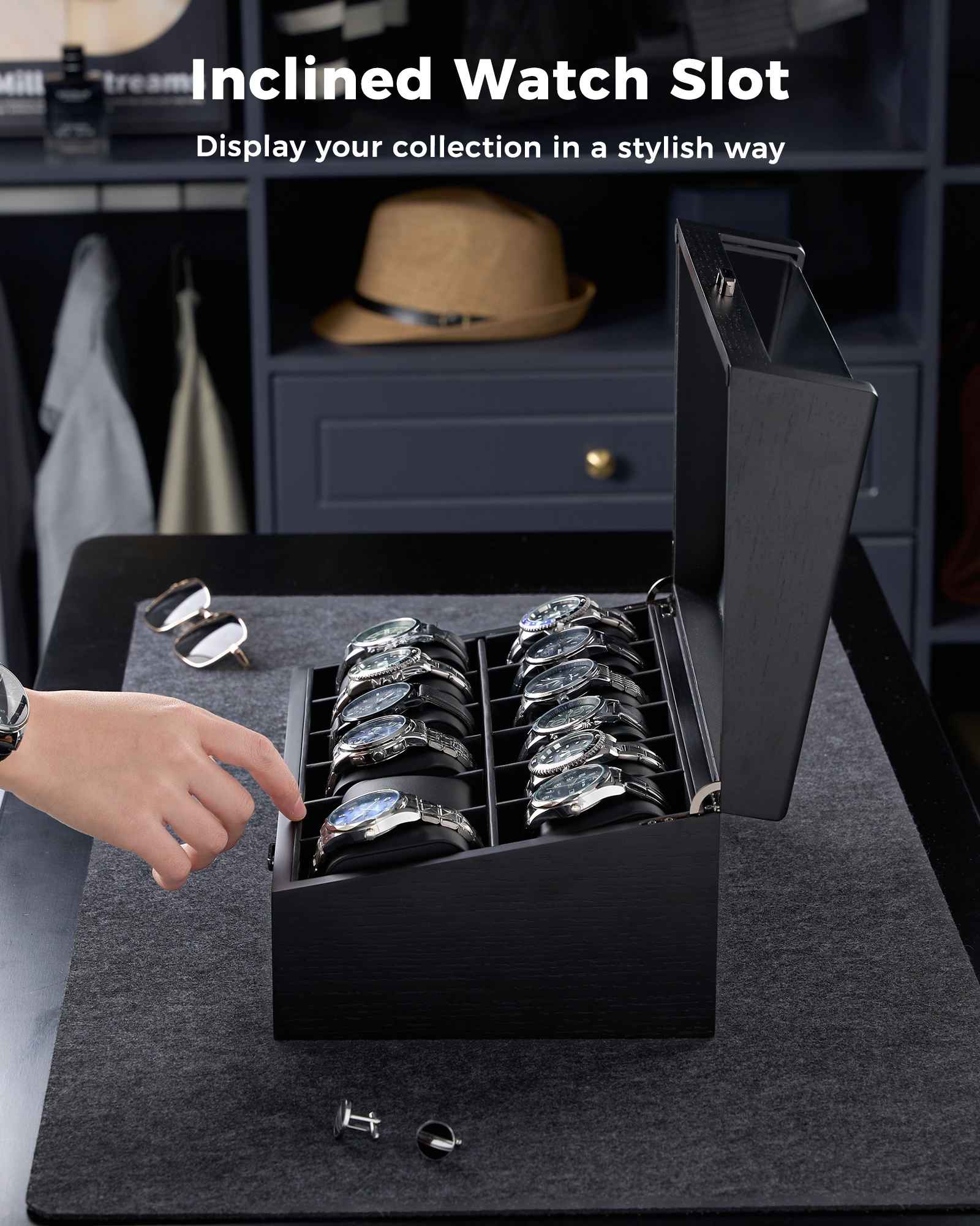 Multi-Function Wooden Watch Box with L-Shaped Clear Window & Drawer