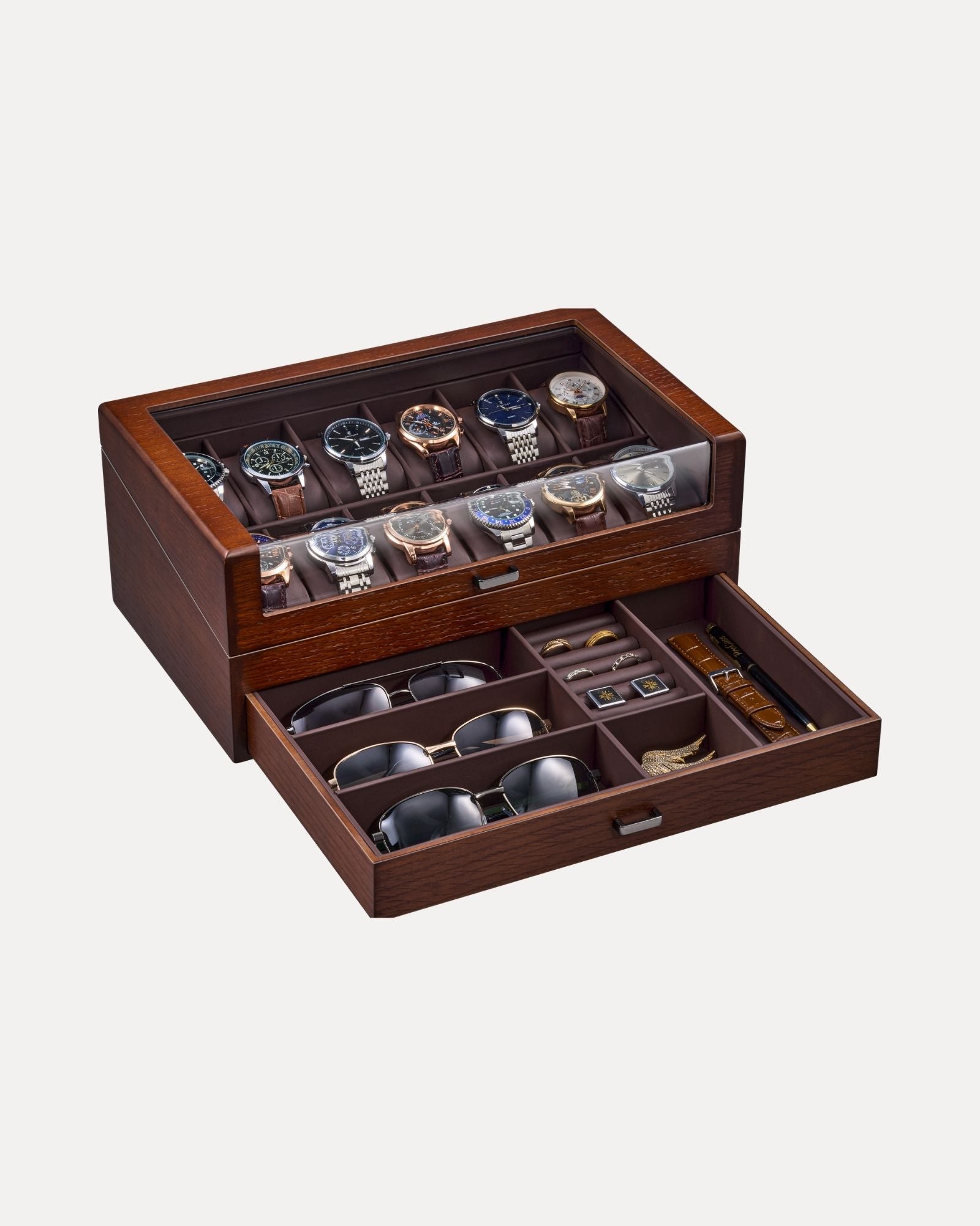 Multi-Function Wooden Watch Box with L-Shaped Clear Window & Drawer