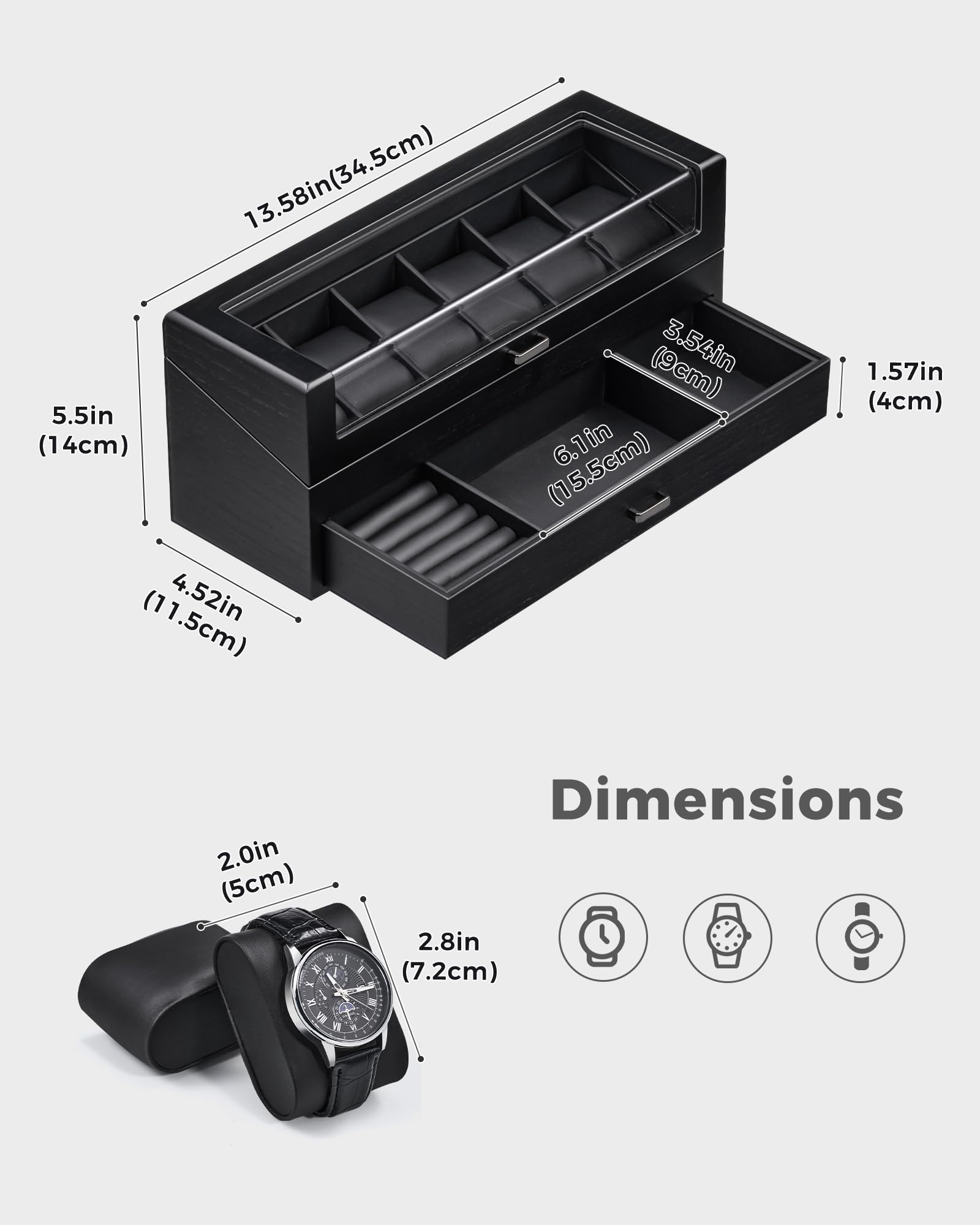 Multi-Function Wooden Watch Box with L-Shaped Clear Window & Drawer