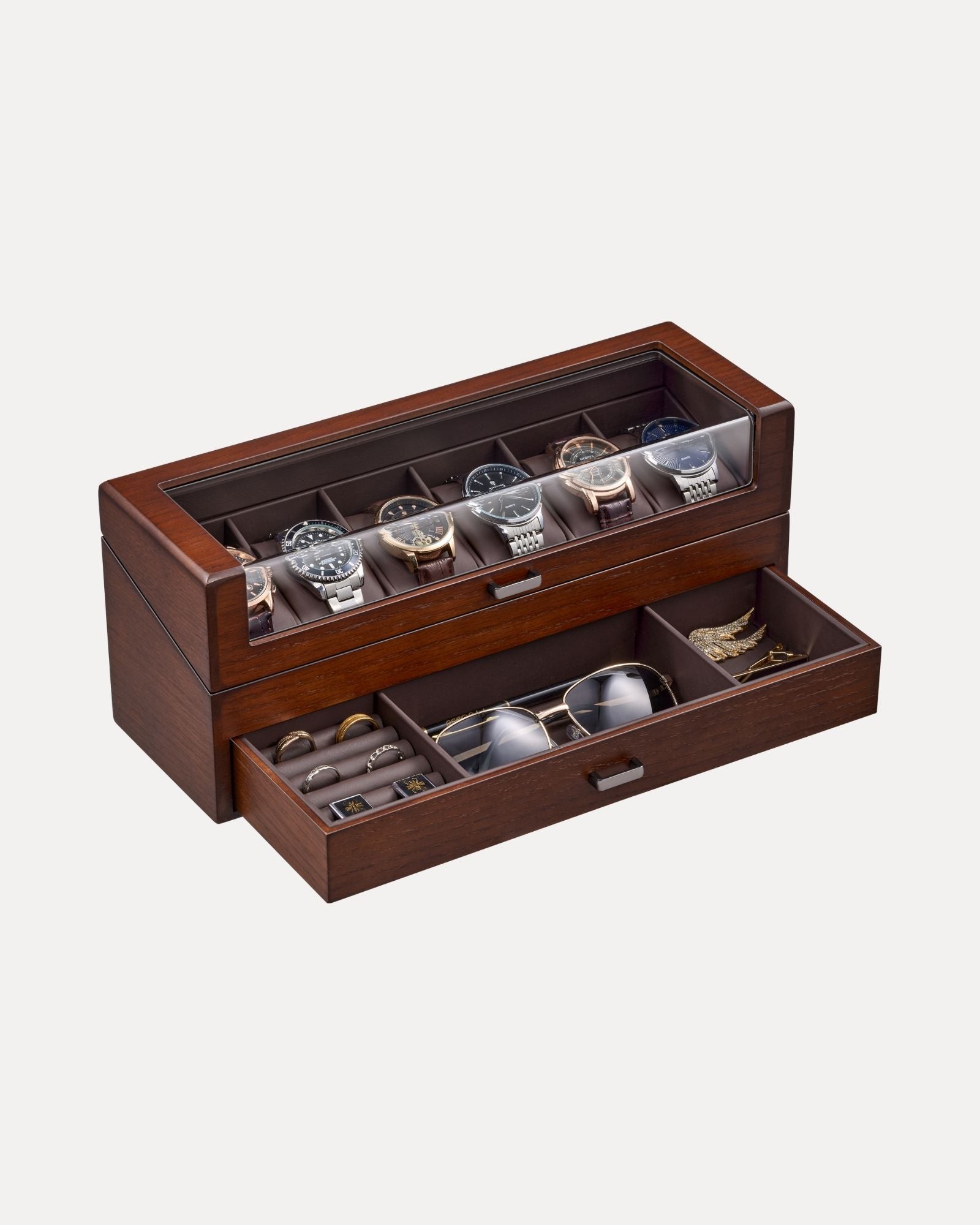 Multi-Function Wooden Watch Box with L-Shaped Clear Window & Drawer