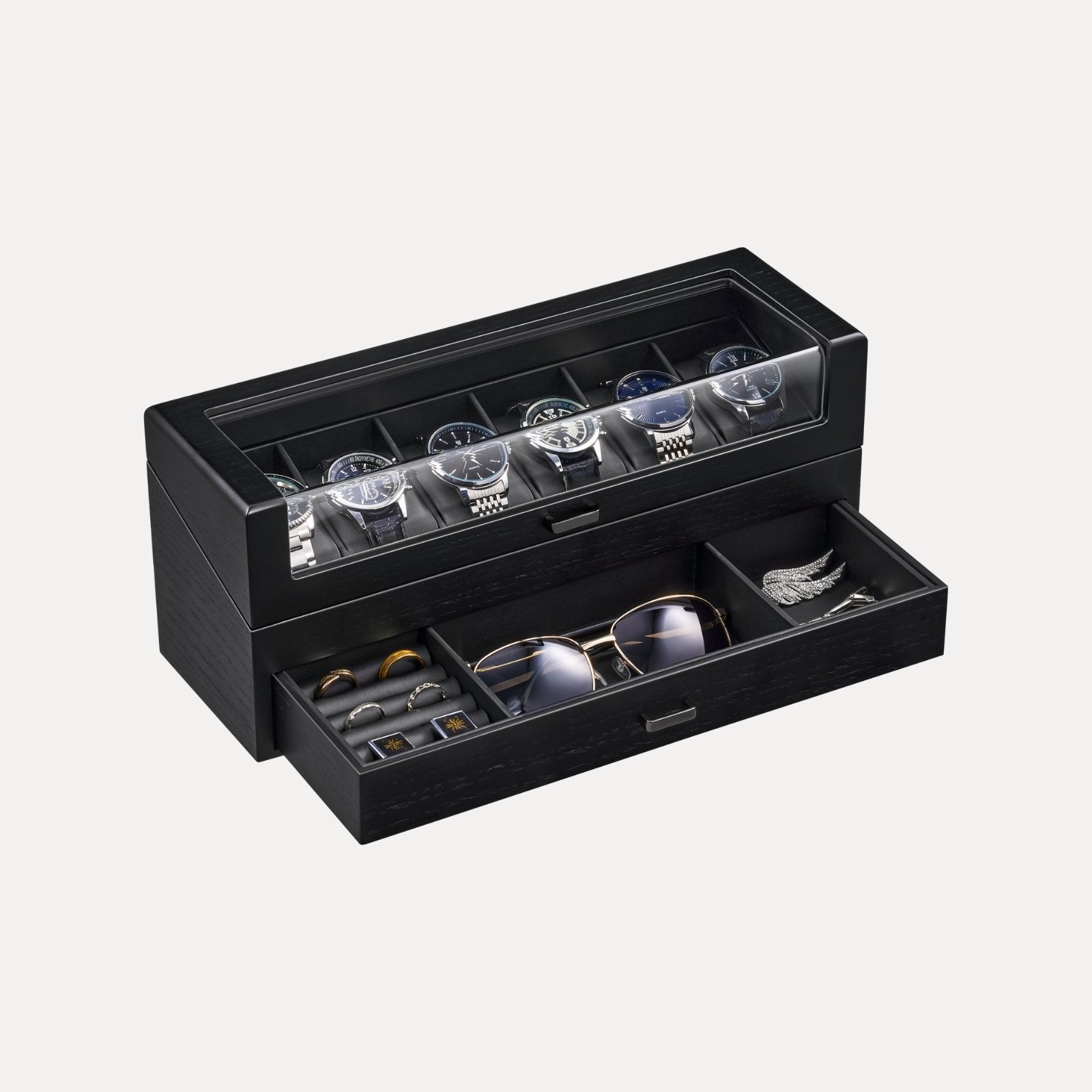 Multi-Function Wooden Watch Box with L-Shaped Clear Window & Drawer