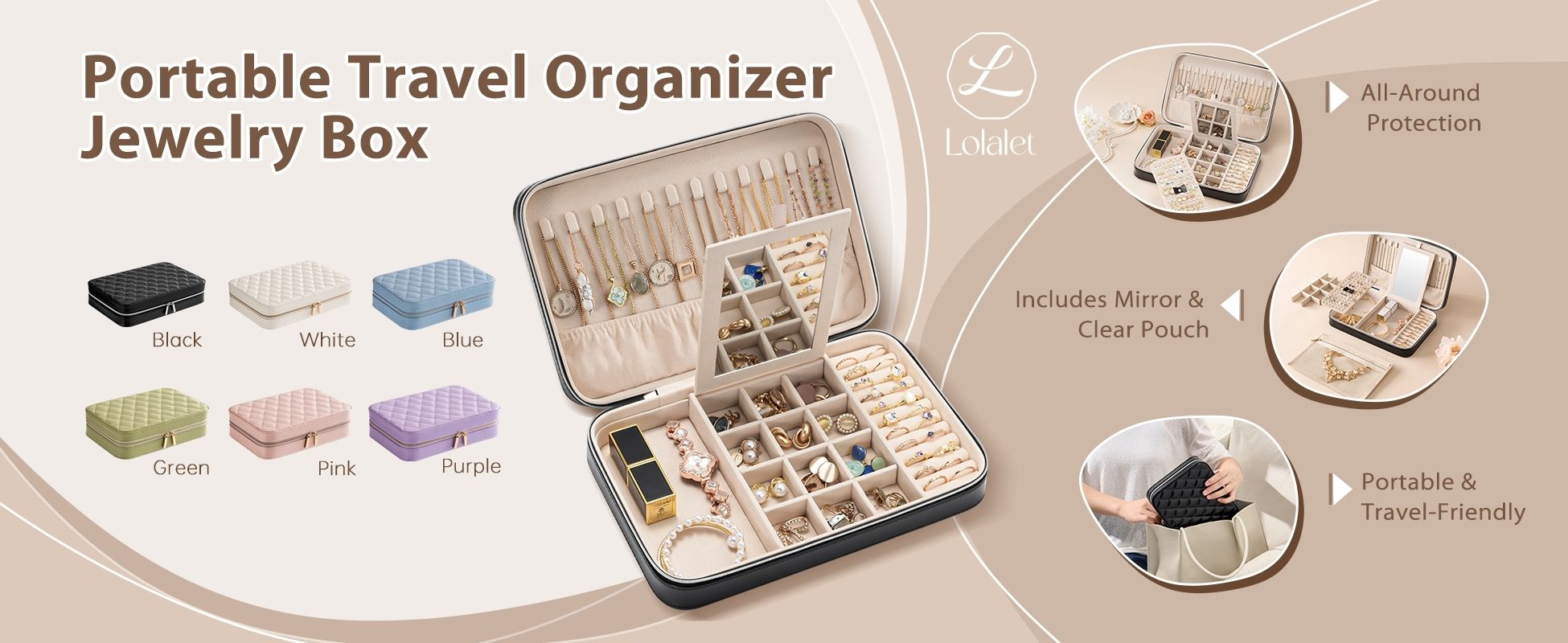 Travel Jewelry Organizer Box with Mirror