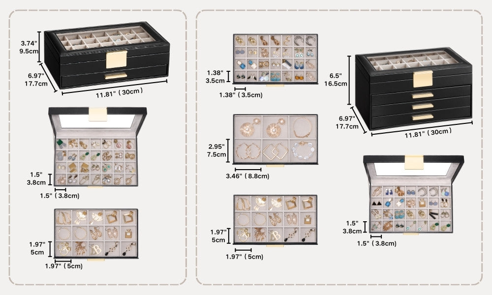Large Earring Jewelry Box Case with Drawer and Grid