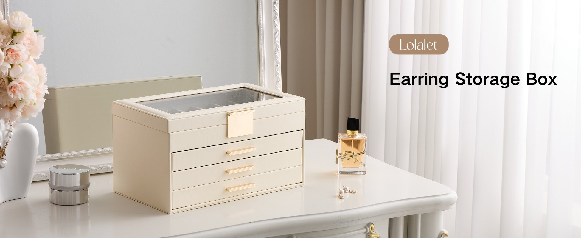 Large Earring Jewelry Box Case with Drawer and Grid