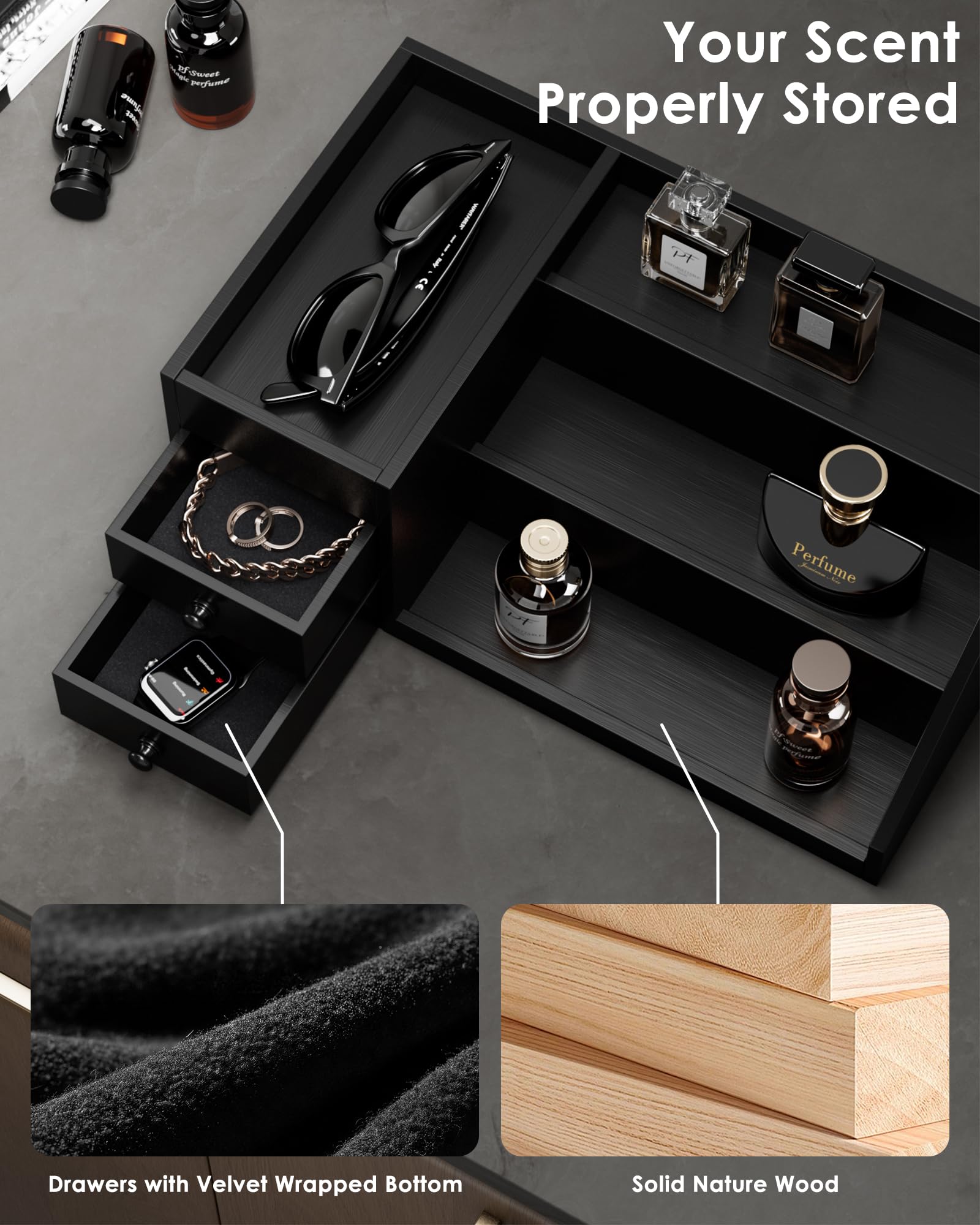 3-Tier Elevated Wood Perfume Storage Display Shelf with Drawers