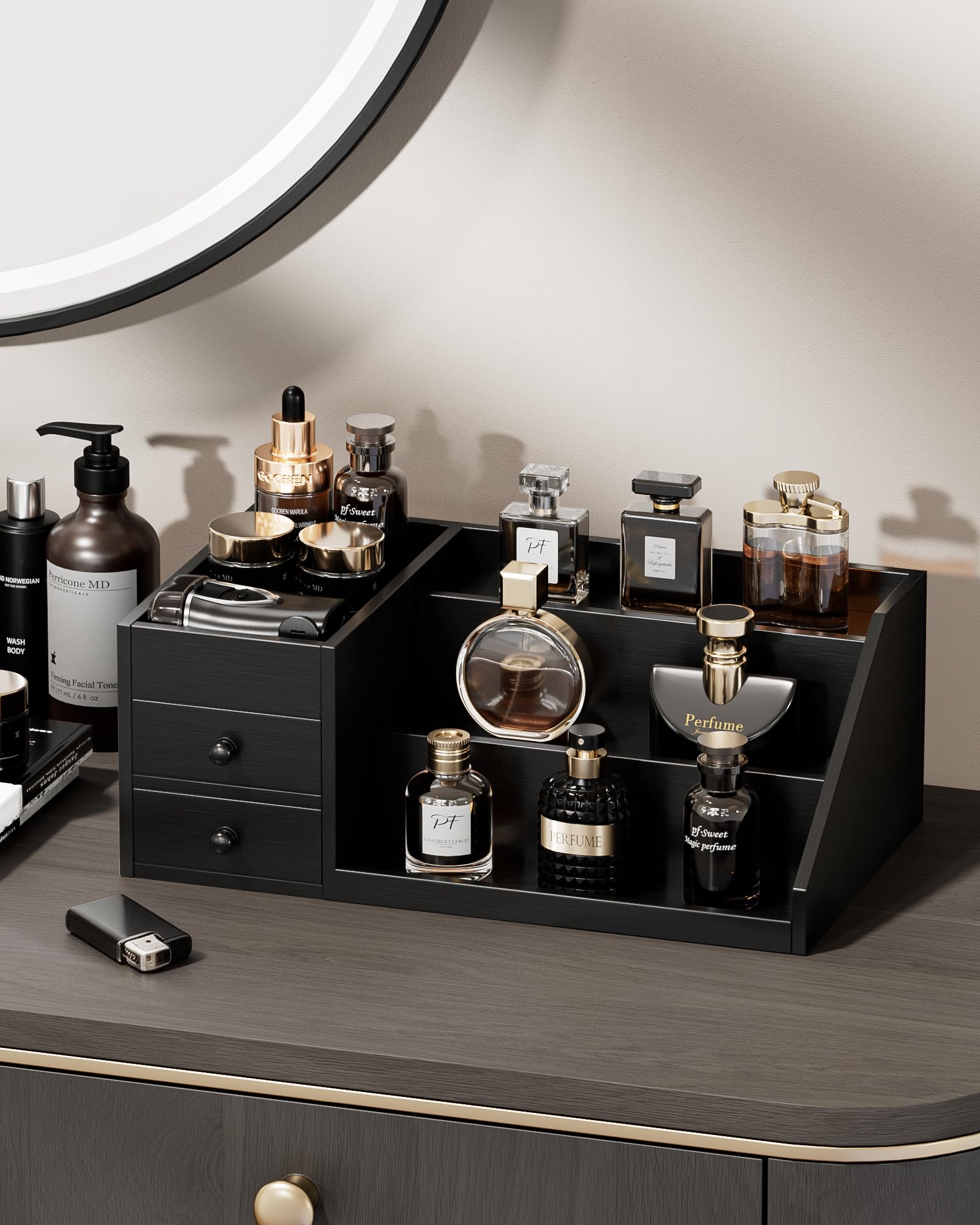 3-Tier Elevated Wood Perfume Storage Display Shelf with Drawers