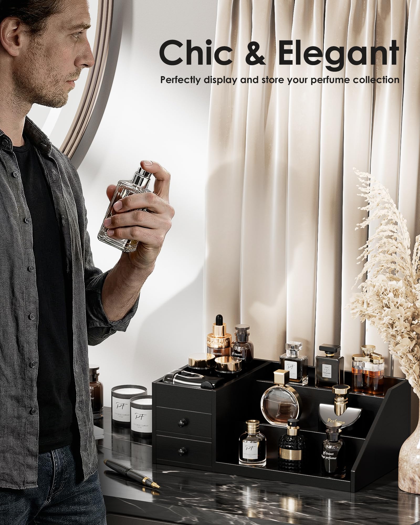 3-Tier Elevated Wood Perfume Storage Display Shelf with Drawers