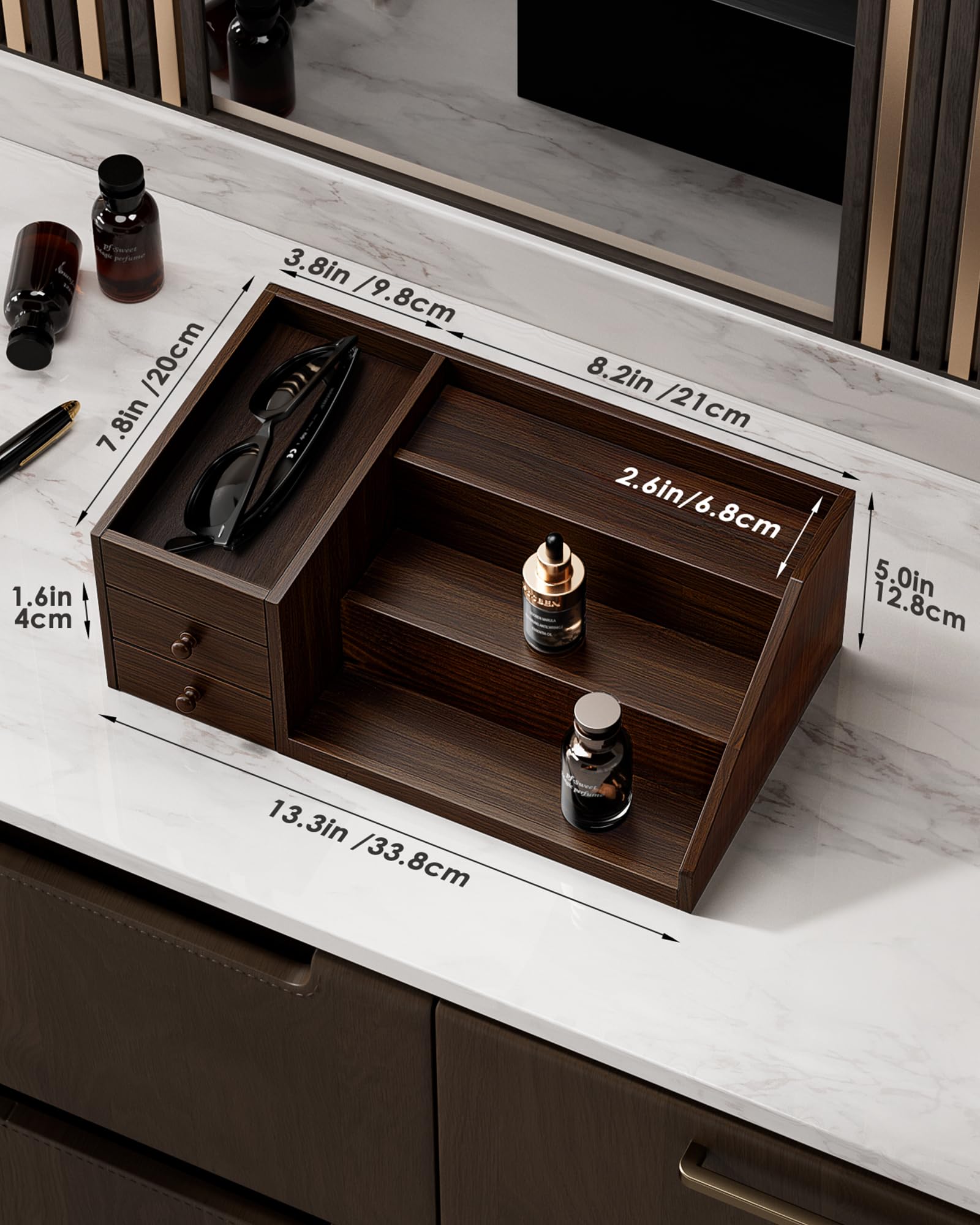 3-Tier Elevated Wood Perfume Storage Display Shelf with Drawers