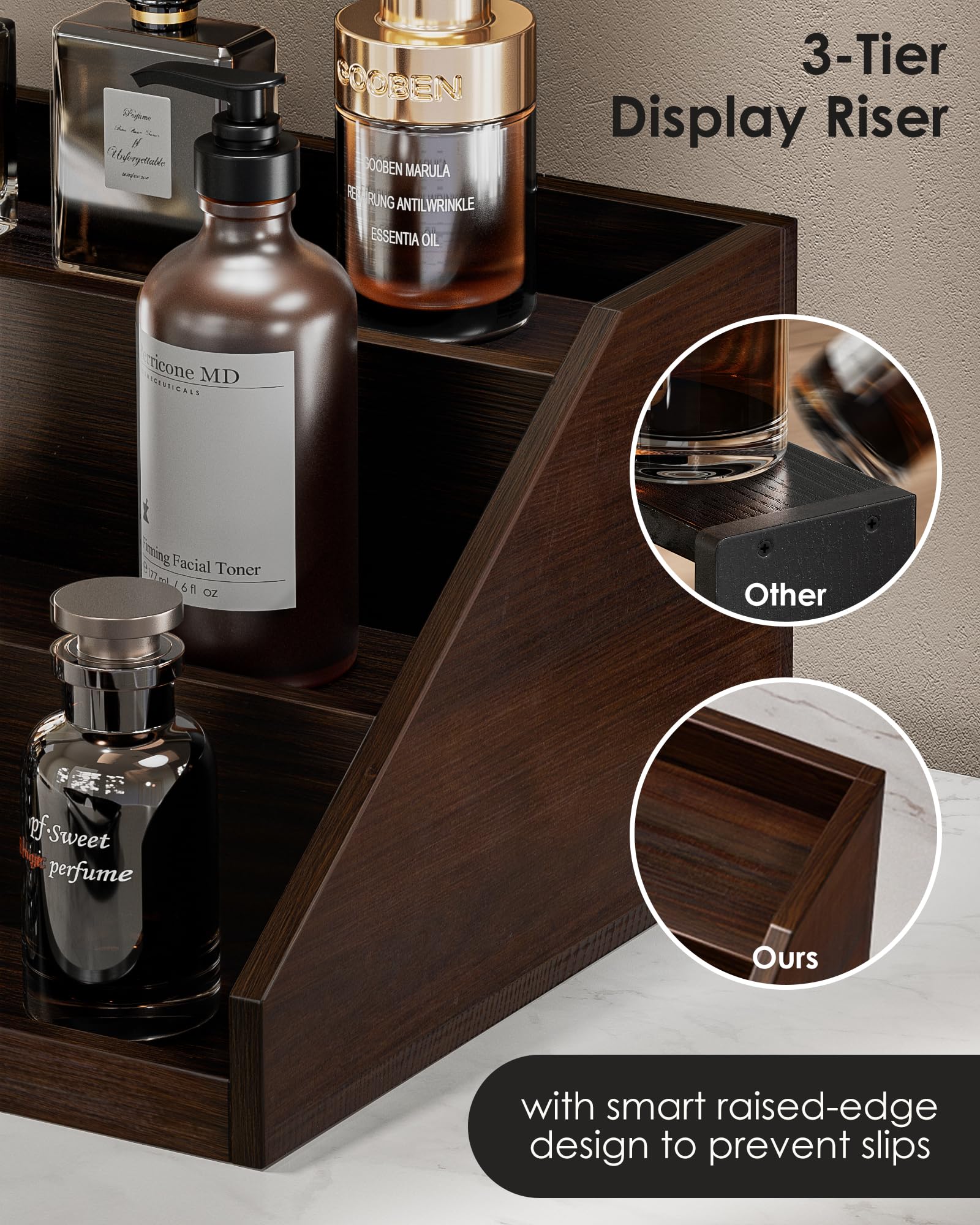 3-Tier Elevated Wood Perfume Storage Display Shelf with Drawers