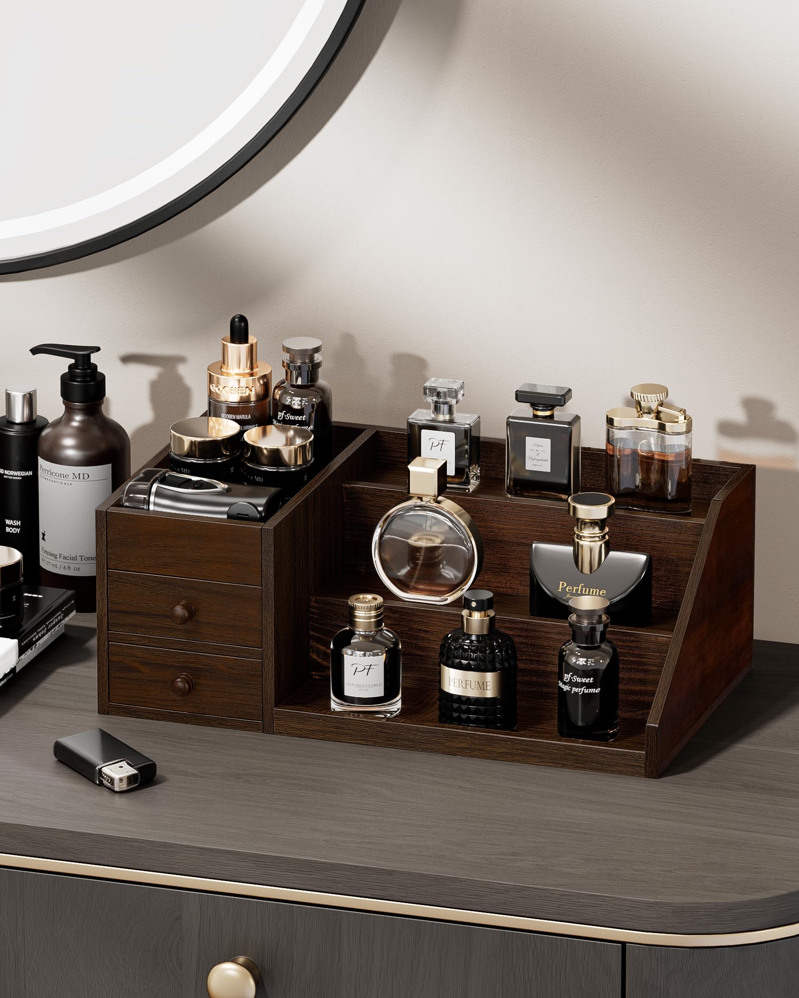3-Tier Elevated Wood Perfume Storage Display Shelf with Drawers