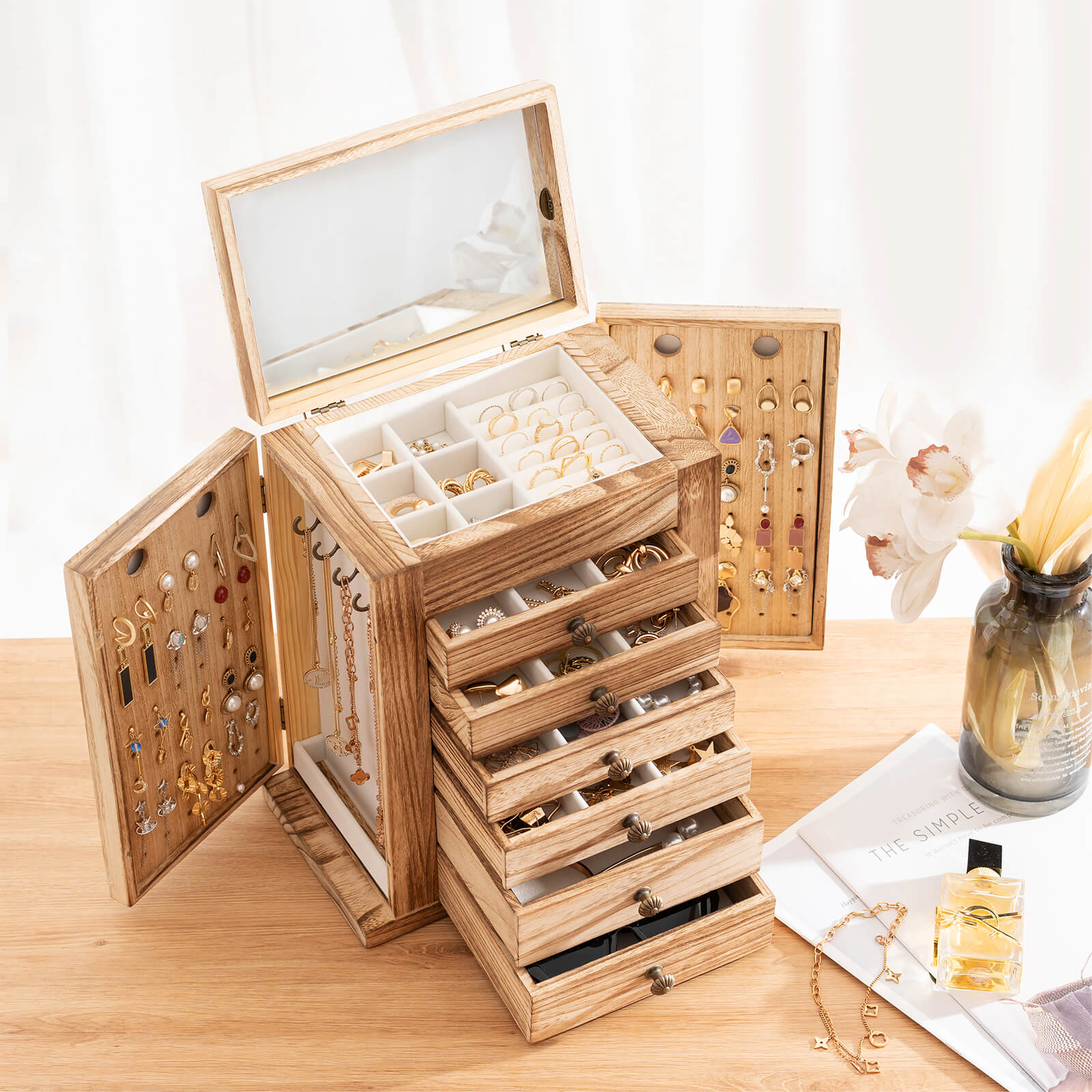 Large Wooden Jewelry Box with Mirror