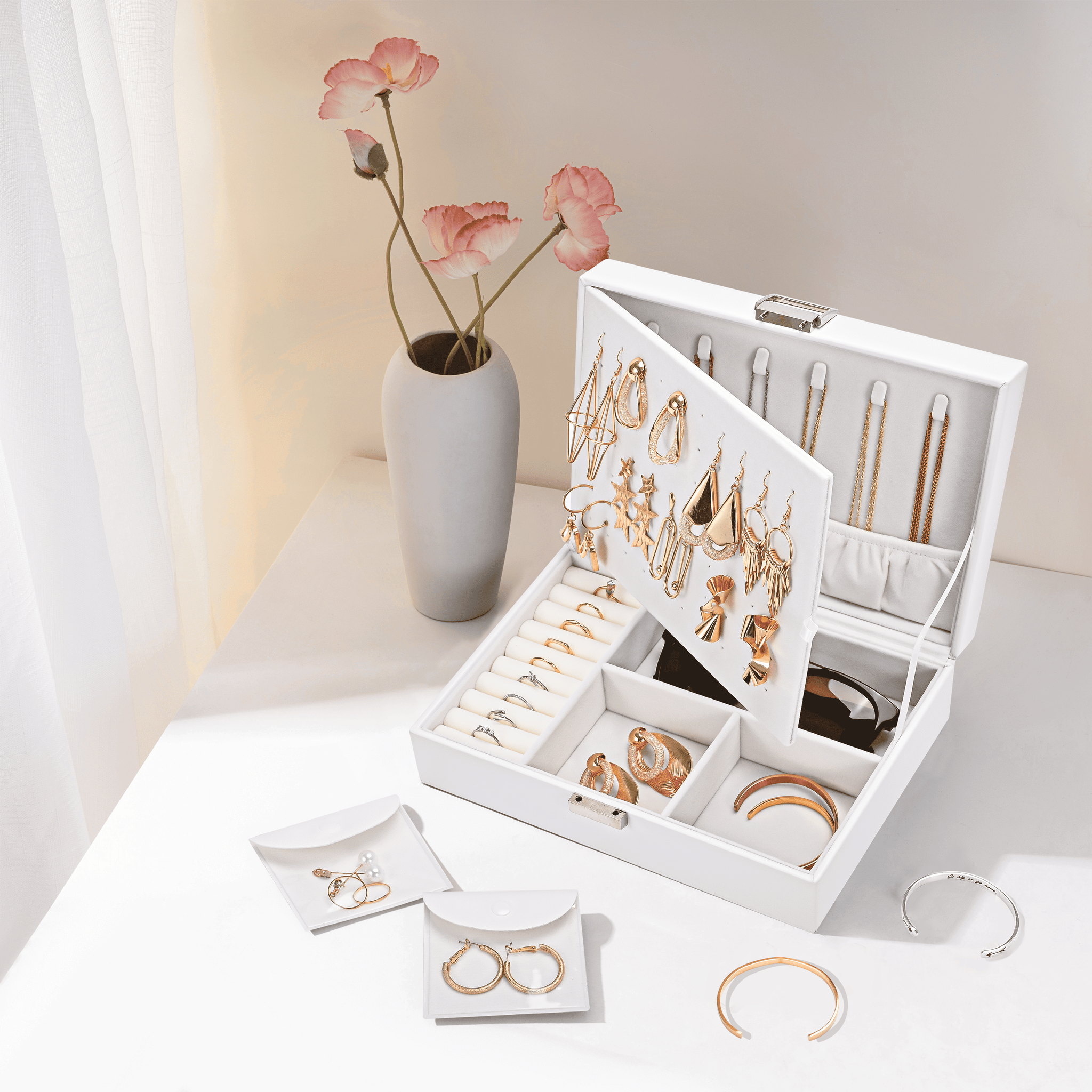 PU Leather Jewelry Box with 8 Extra Pouches