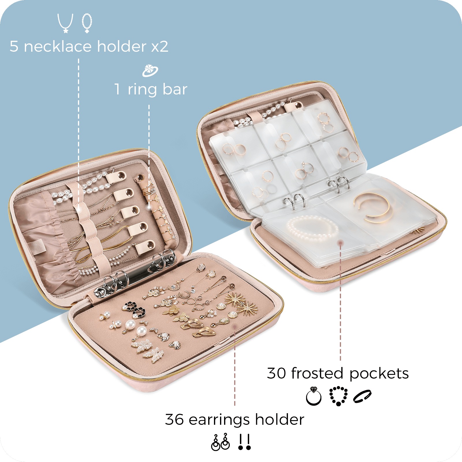 Large Travel Zippered Jewelry Organizer Case