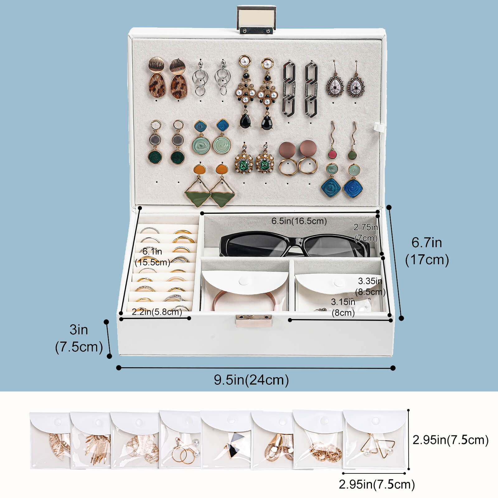 PU Leather Jewelry Box with 8 Extra Pouches