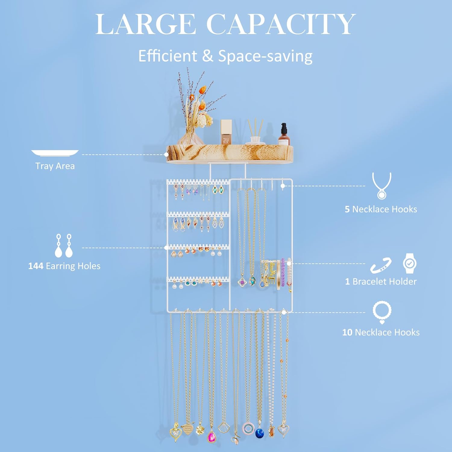 Wall Mount Jewelry Organizer with Wood Shelf