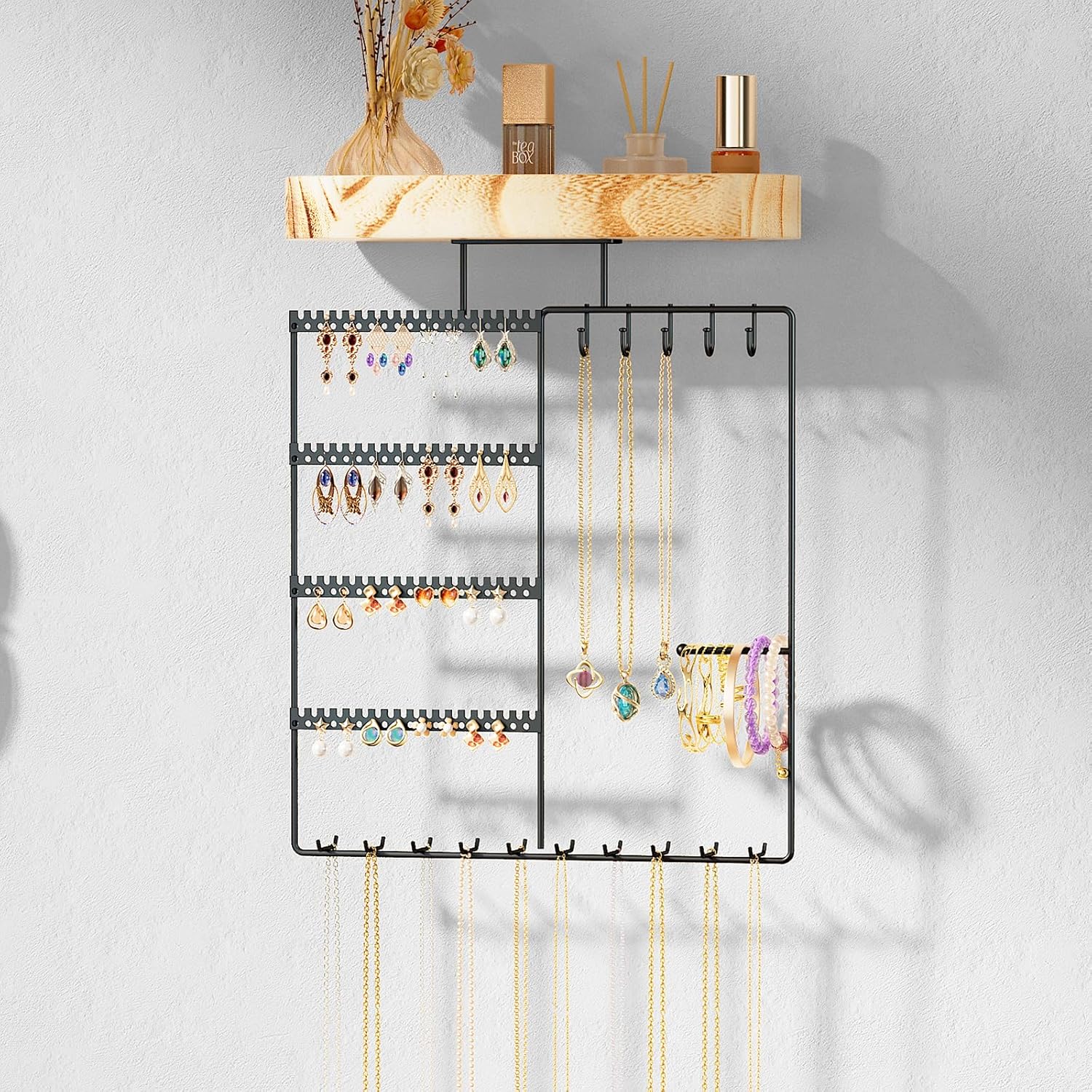 Wall Mount Jewelry Organizer with Wood Shelf