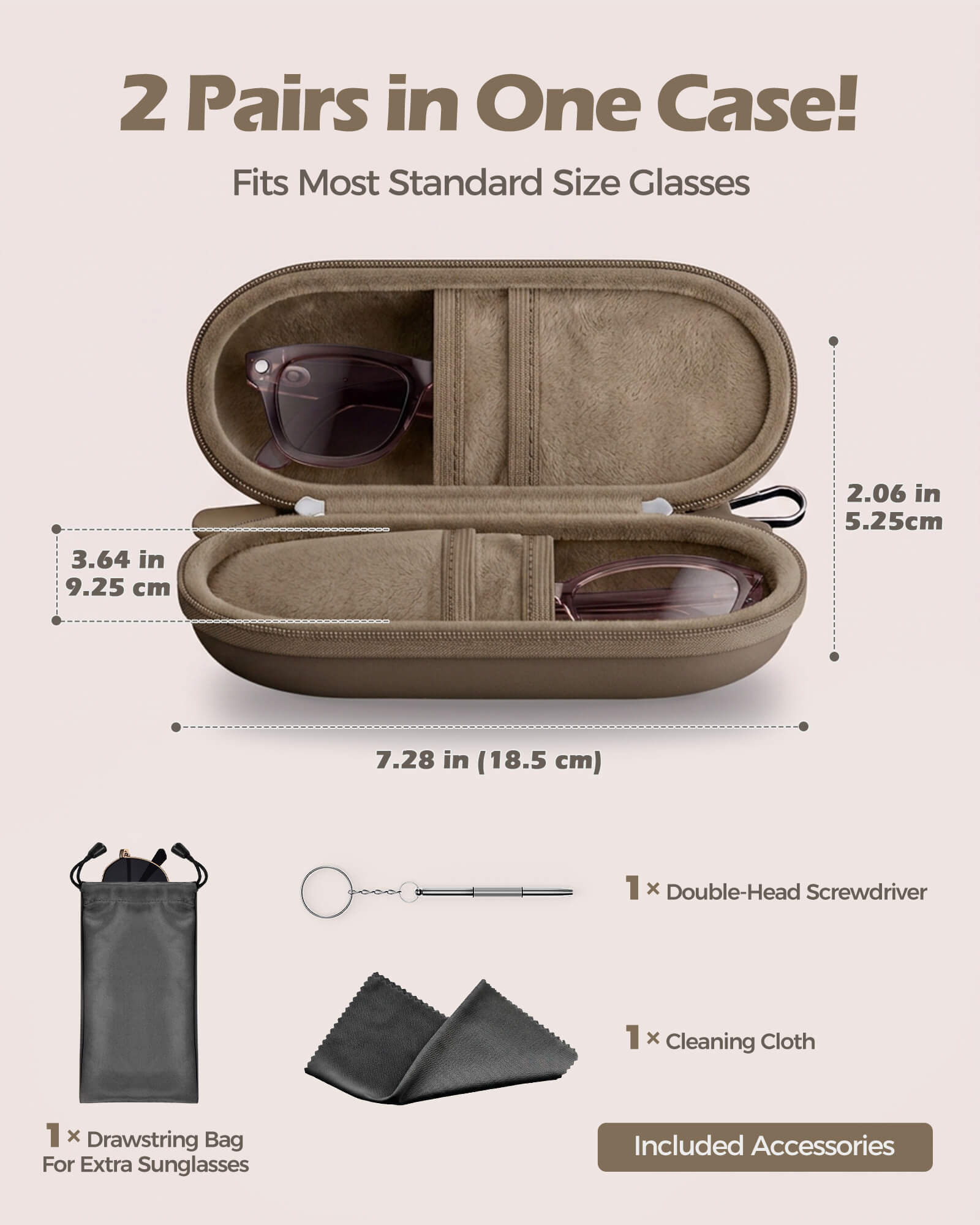 khaki brown hard EVA double sunglasses case for two pairs showing organized storage layout