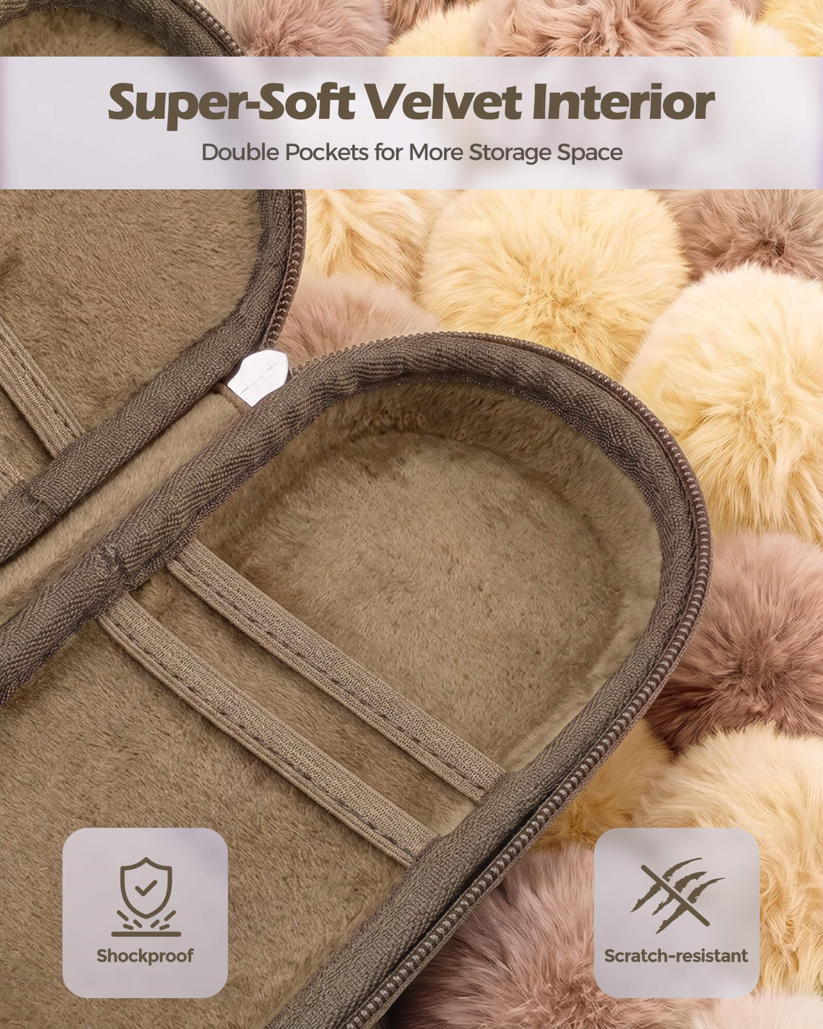 khaki brown hard EVA double sunglasses case for two pairs showing close-up feature details