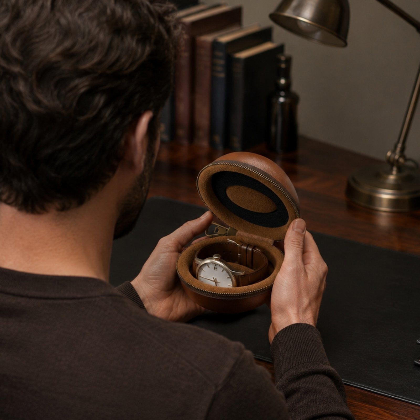 Single watch travel case open with a protective padded cushion