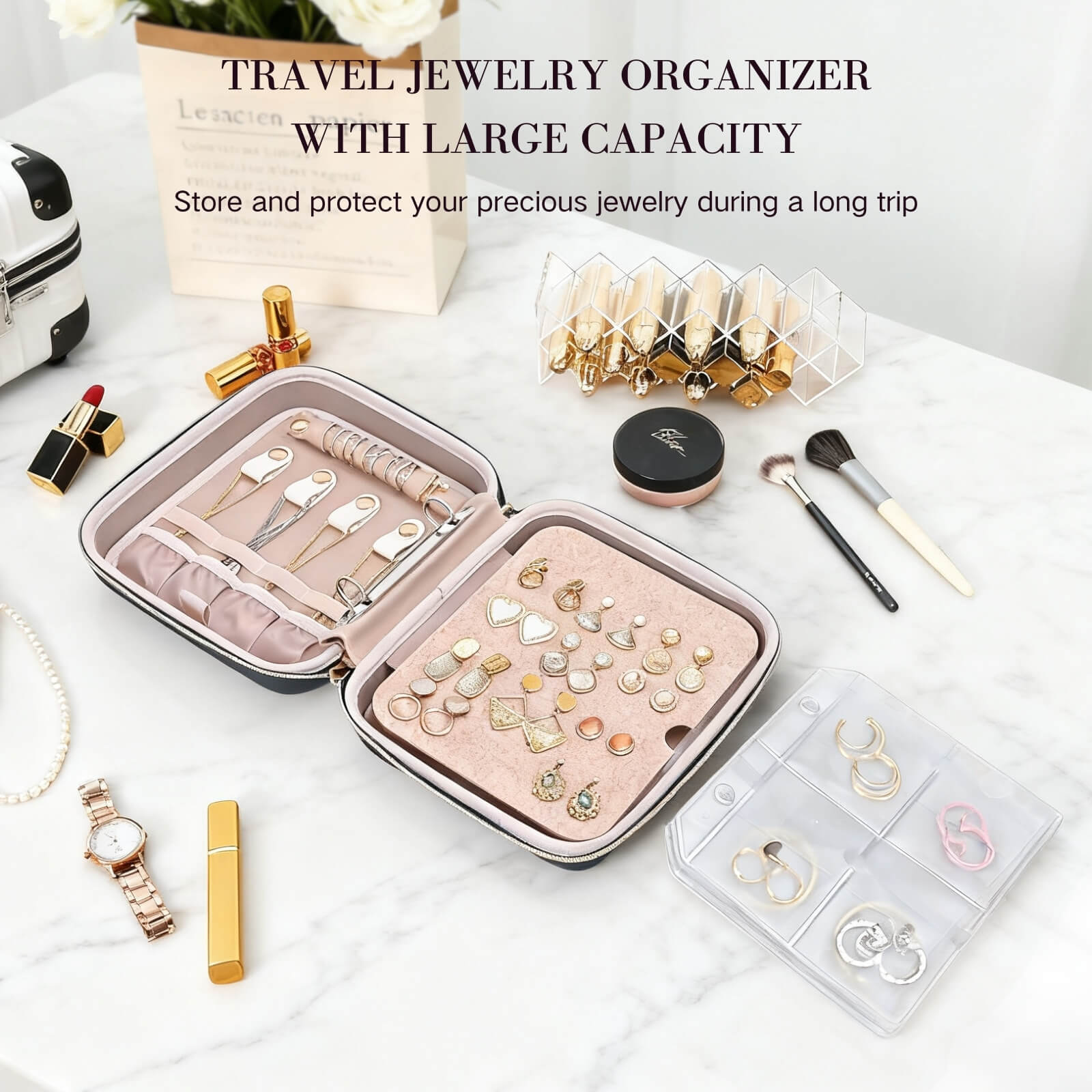 Large Travel Zippered Jewelry Organizer Case