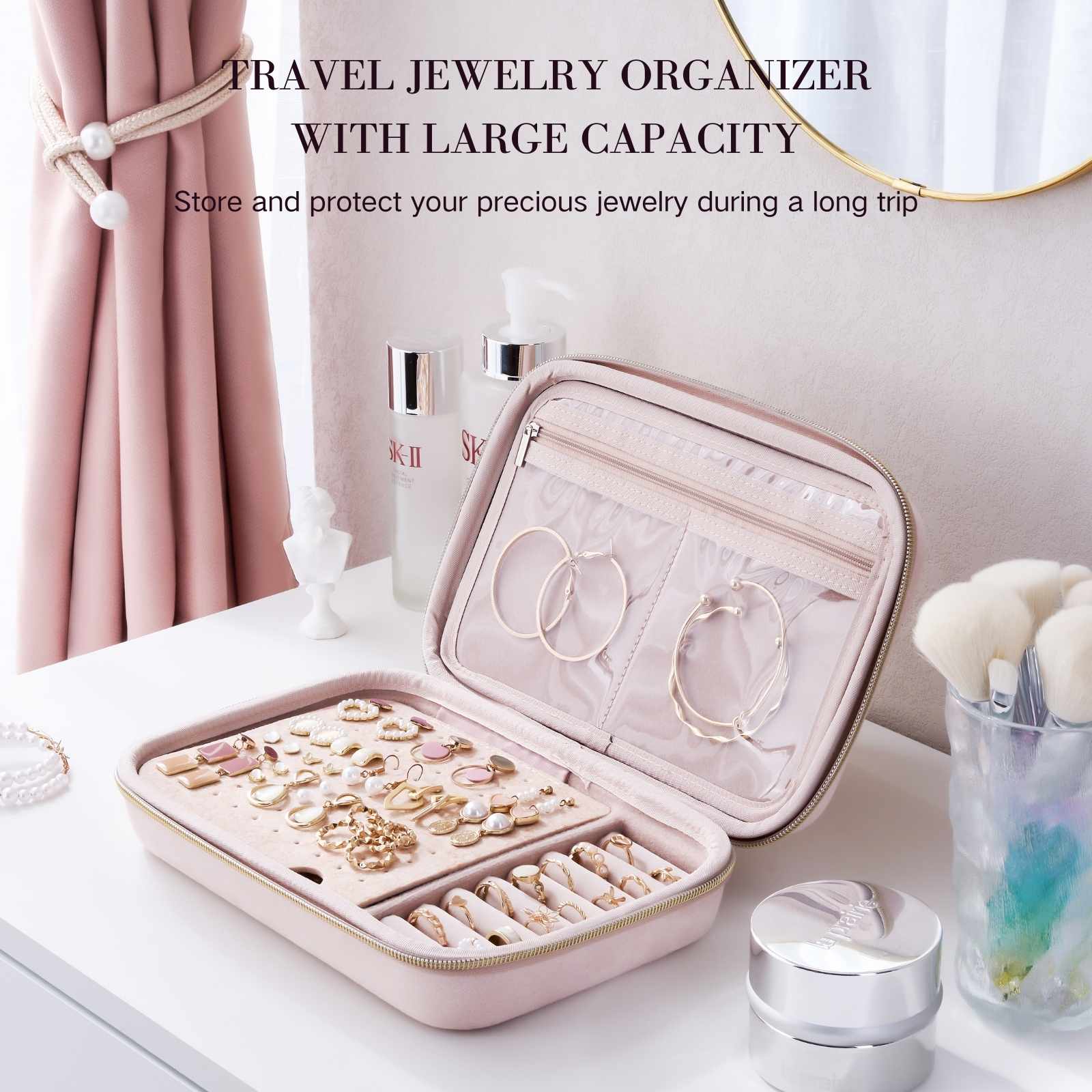Large Travel Zippered Jewelry Organizer Case