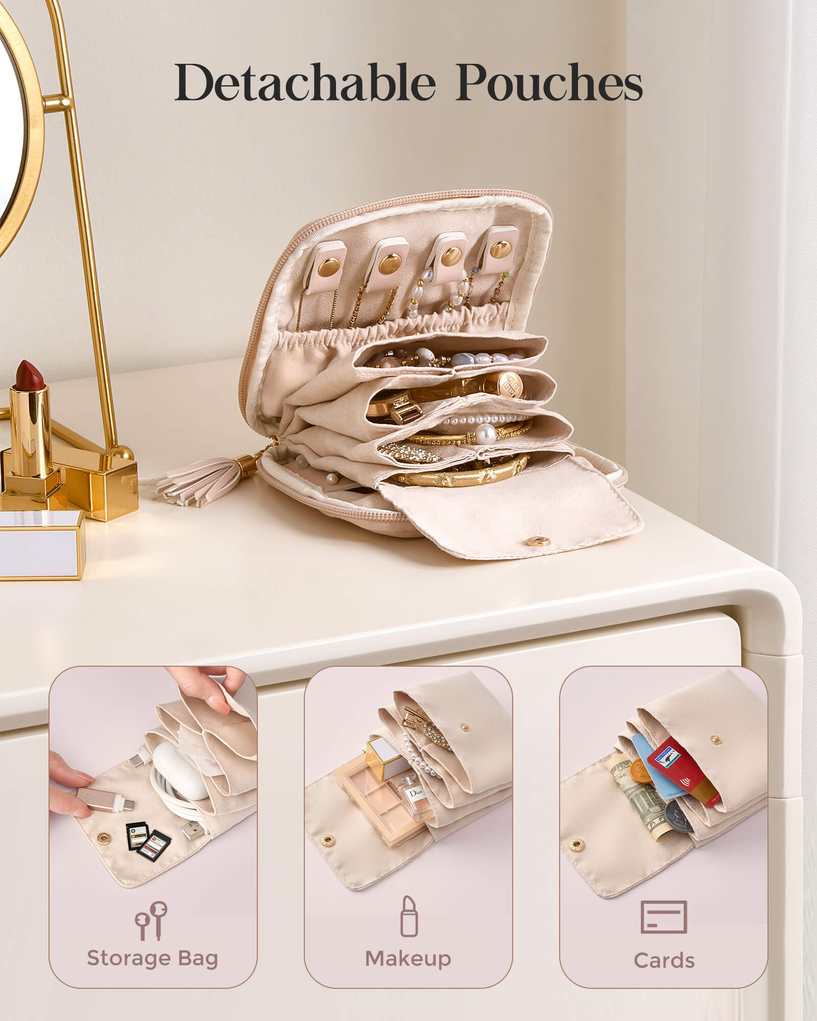 Elegant Travel Jewelry Organizer Pouch with Detachable Compartments