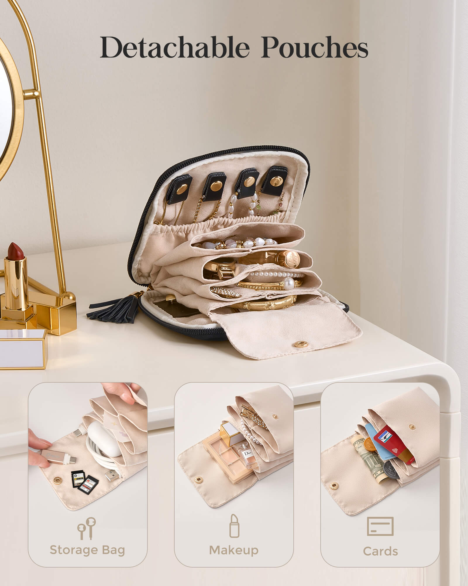 Elegant Travel Jewelry Organizer Pouch with Detachable Compartments