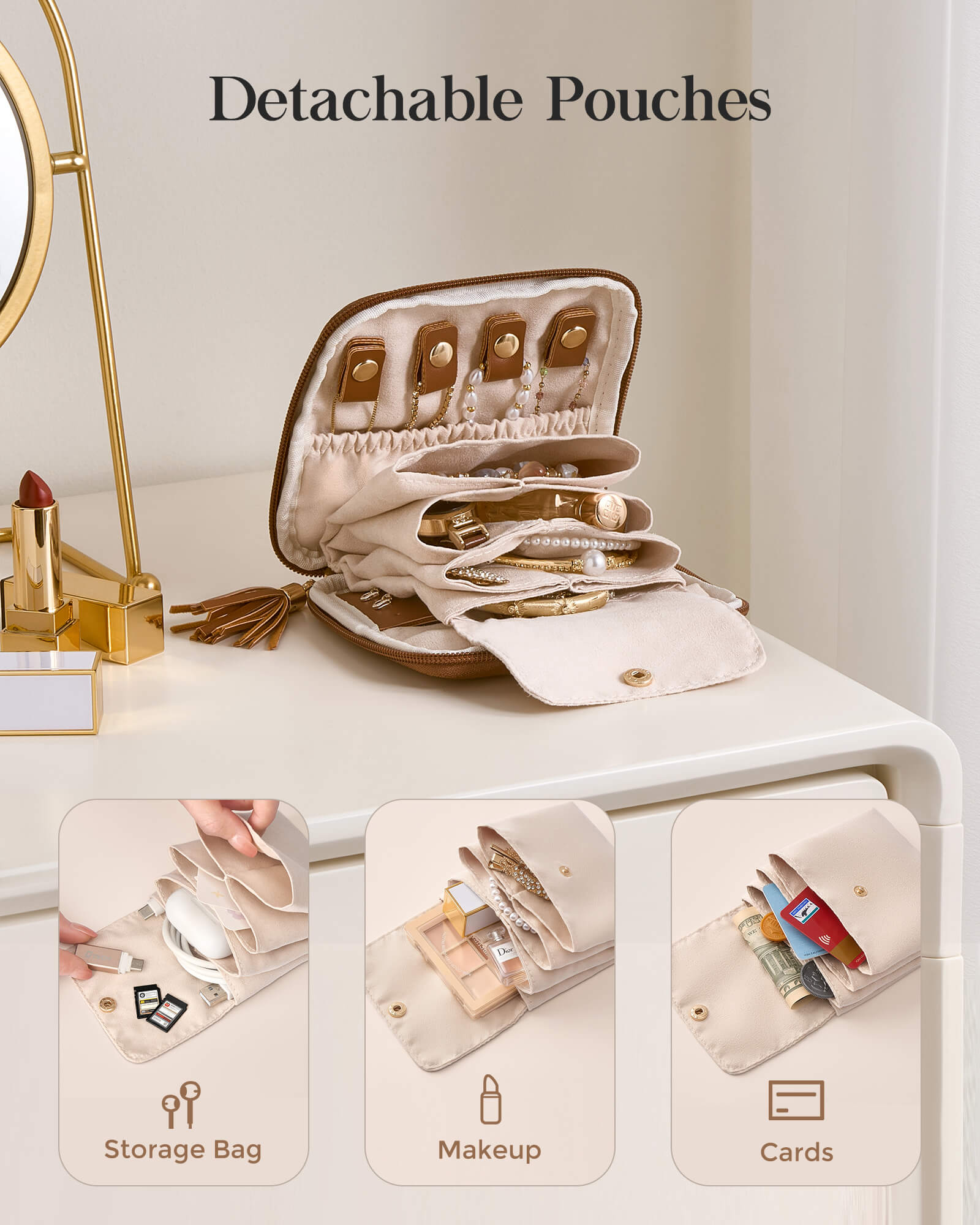 Elegant Travel Jewelry Organizer Pouch with Detachable Compartments