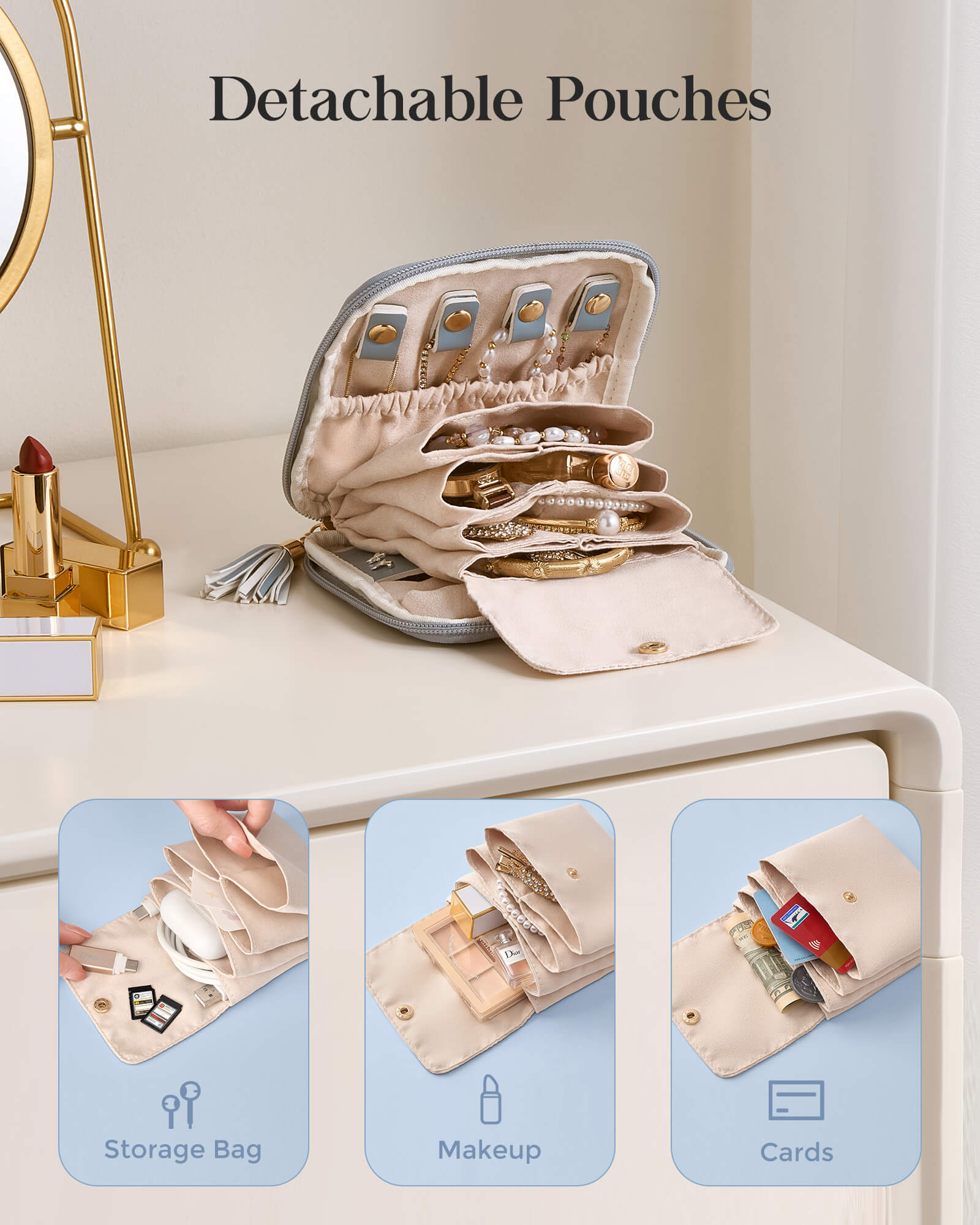 Elegant Travel Jewelry Organizer Pouch with Detachable Compartments
