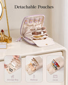 Lavender travel jewelry organizer pouch with detachable compartments - open storage view