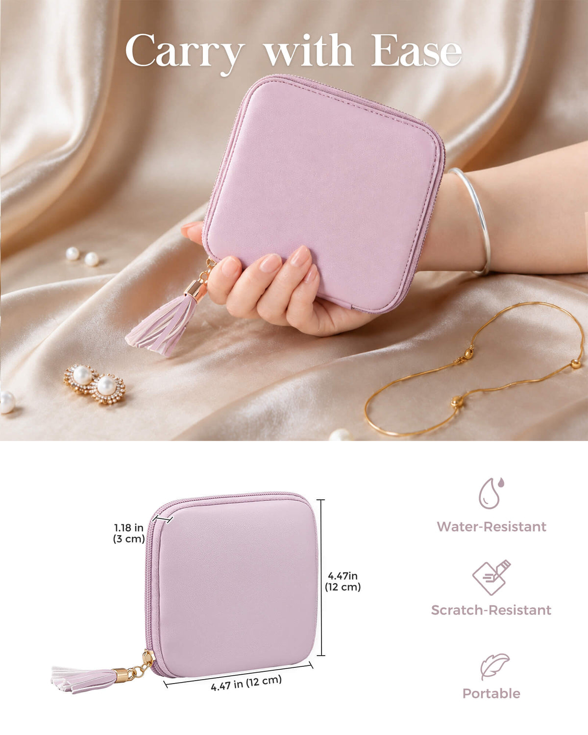 Lavender travel jewelry organizer pouch with detachable compartments - size details
