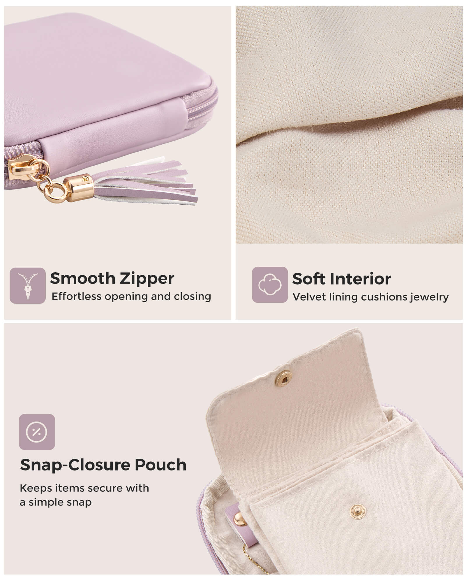 Lavender travel jewelry organizer pouch with detachable compartments - close-up detail