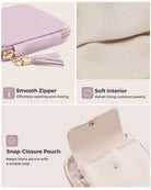 Lavender travel jewelry organizer pouch with detachable compartments - close-up detail