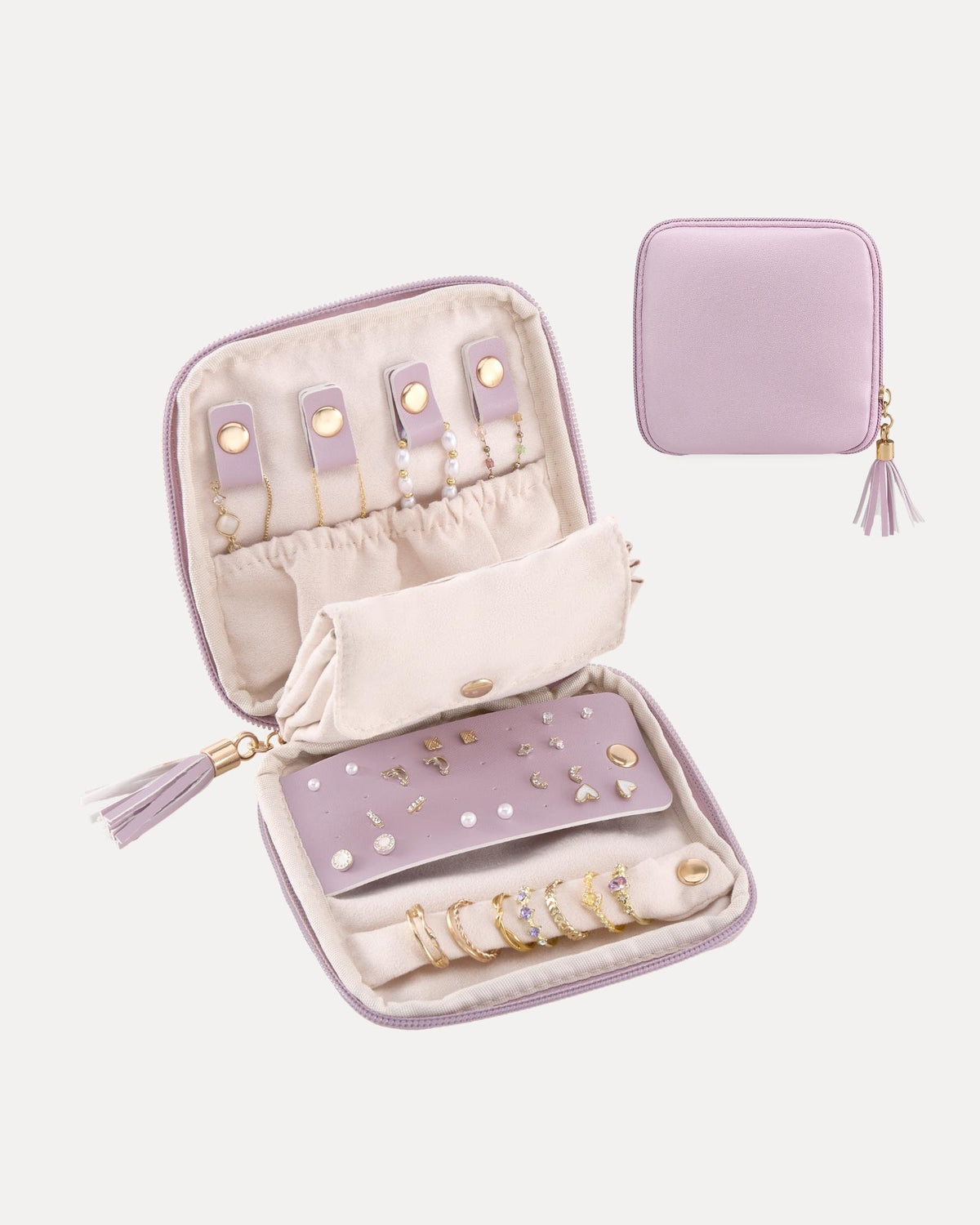 Lavender travel jewelry organizer pouch with detachable compartments