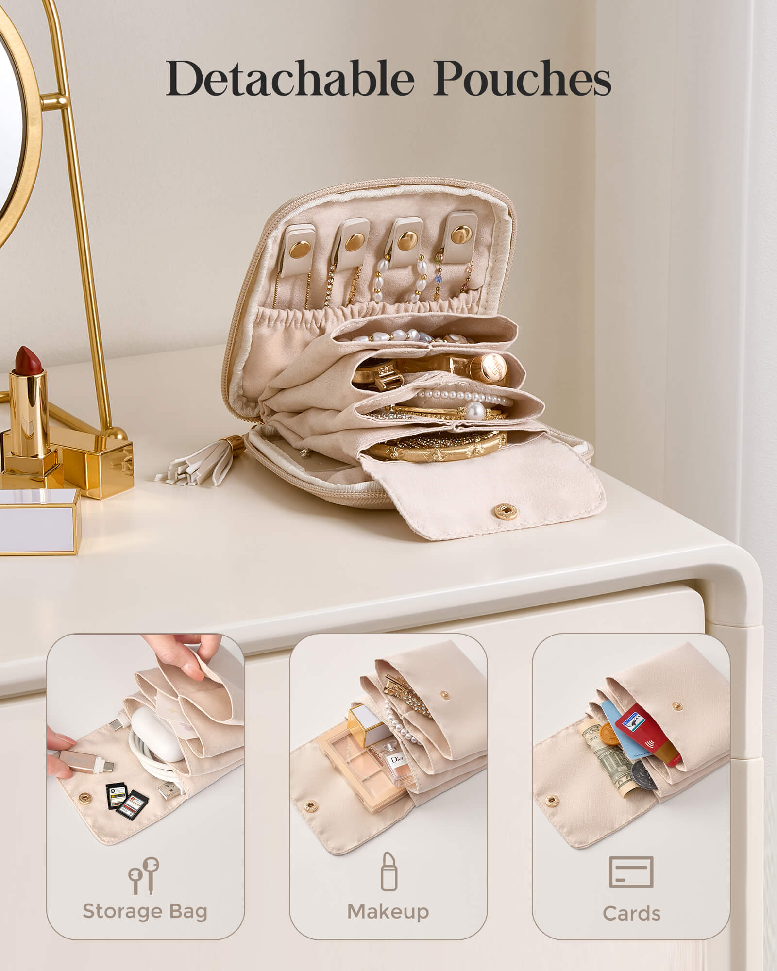 Elegant Travel Jewelry Organizer Pouch with Detachable Compartments