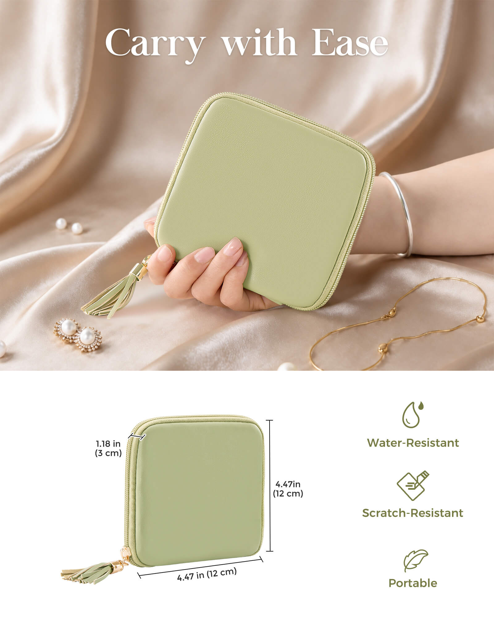 Sage green travel jewelry organizer pouch with detachable compartments - open storage view