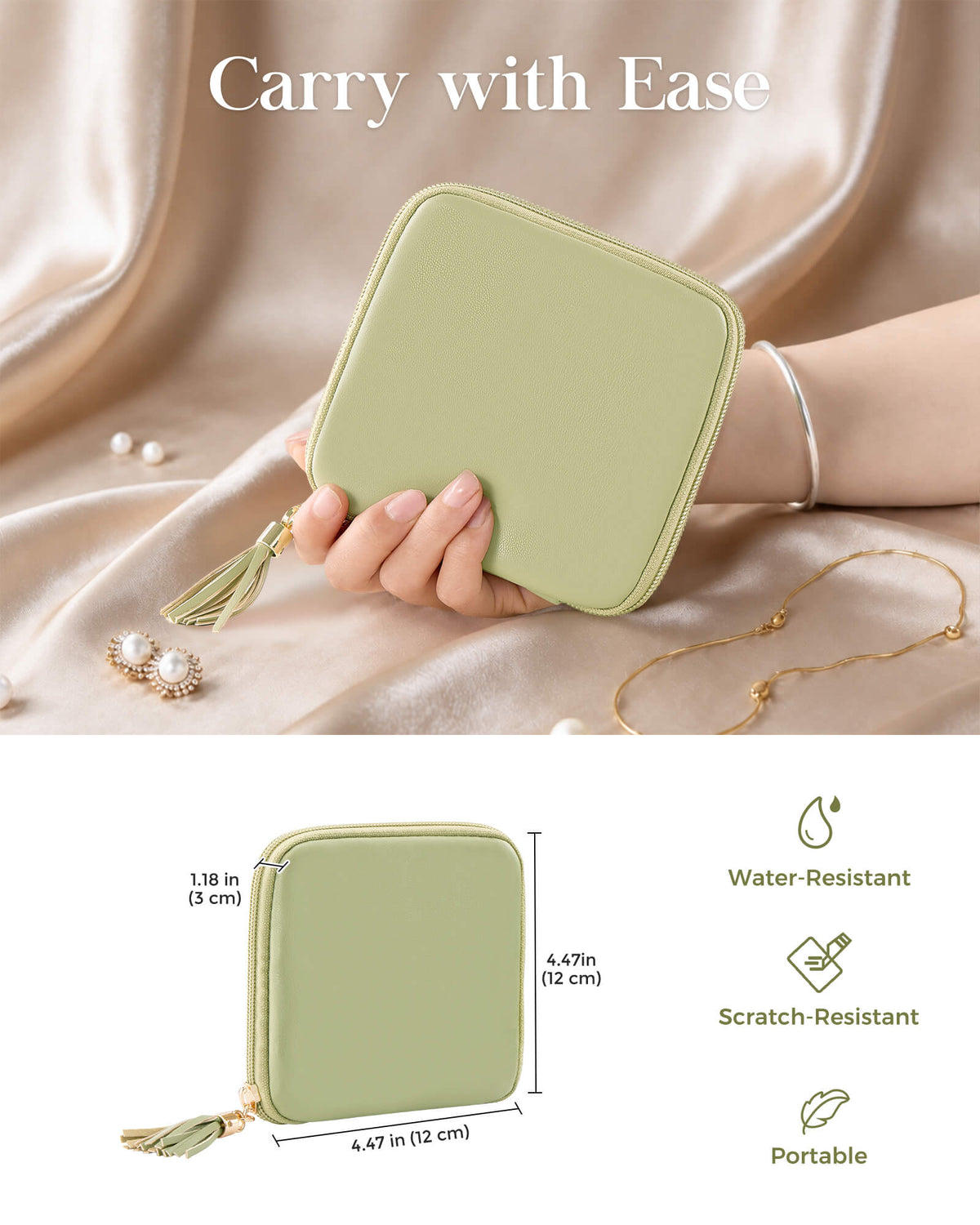 Sage green travel jewelry organizer pouch with detachable compartments - open storage view