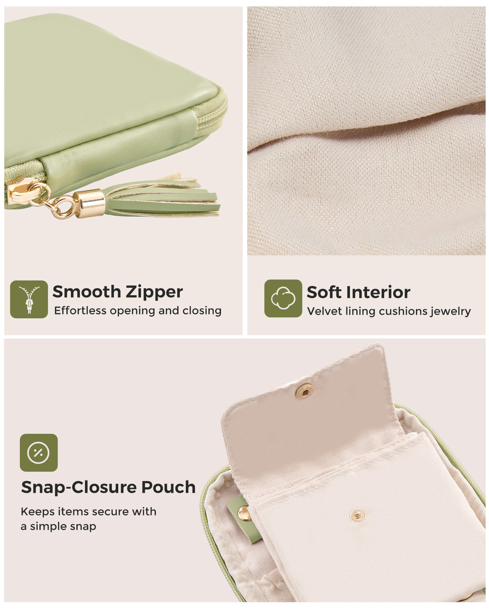 Sage green travel jewelry organizer pouch with detachable compartments - organized compartments