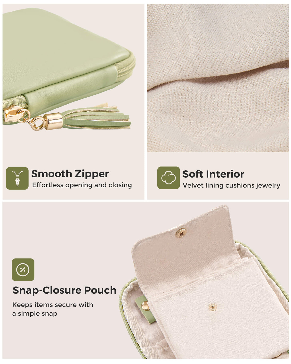 Sage green travel jewelry organizer pouch with detachable compartments - organized compartments