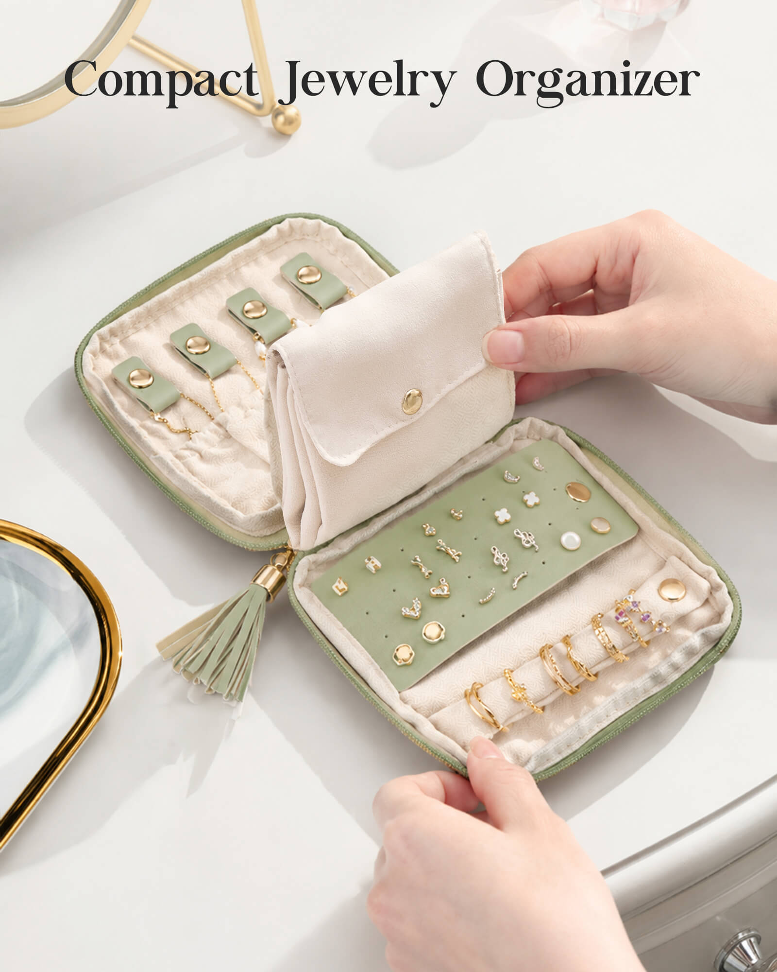 Sage green travel jewelry organizer pouch with detachable compartments - size details