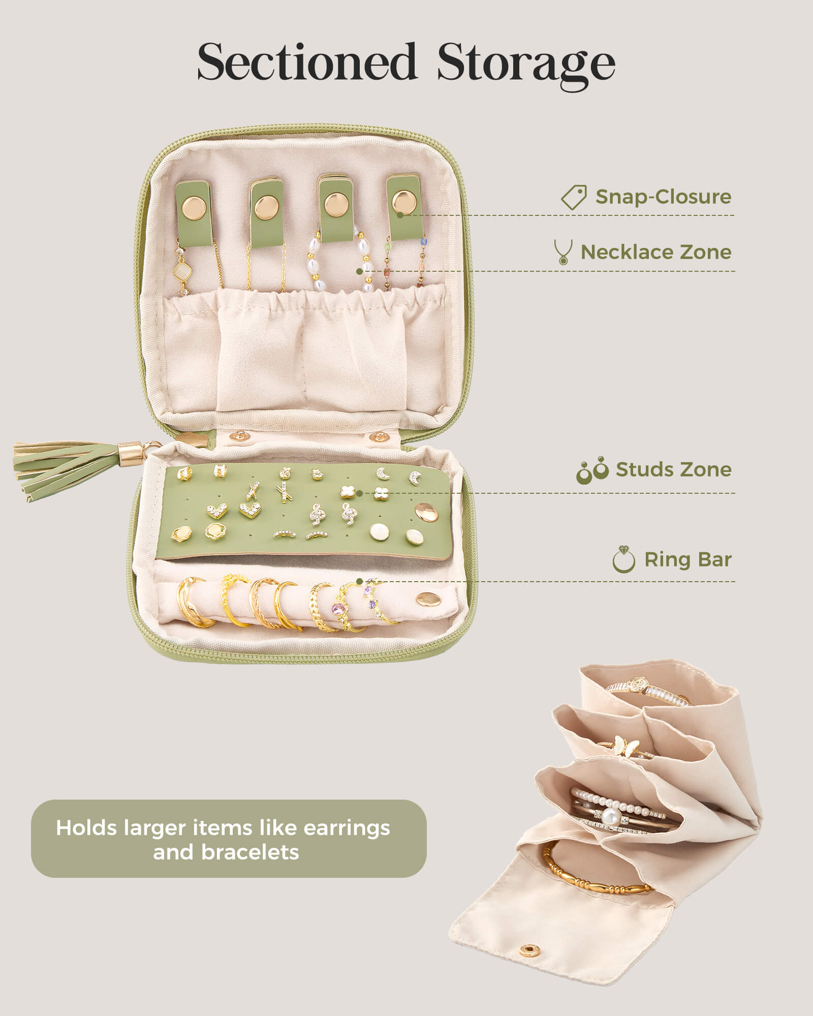 Sage green travel jewelry organizer pouch with detachable compartments - travel use