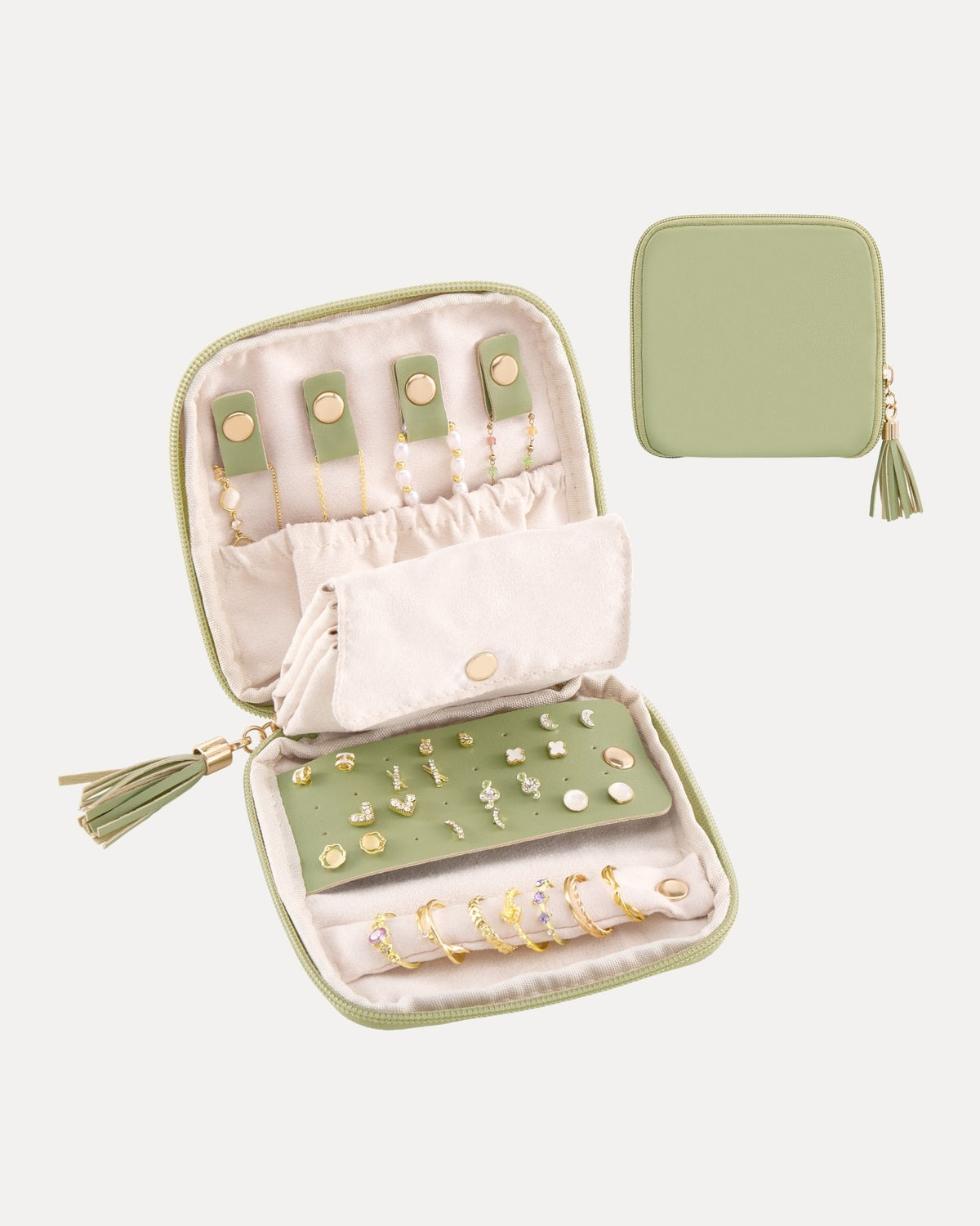 Sage green travel jewelry organizer pouch with detachable compartments
