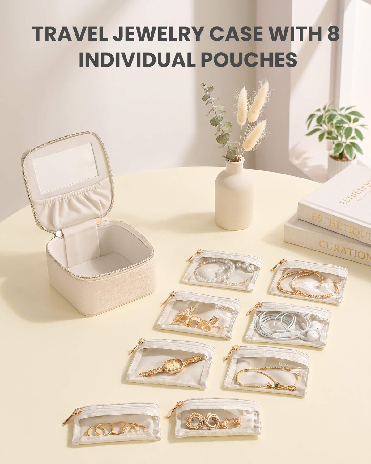 Beige portable travel jewelry case with 8 individual pouches with large-capacity interior and removable sections