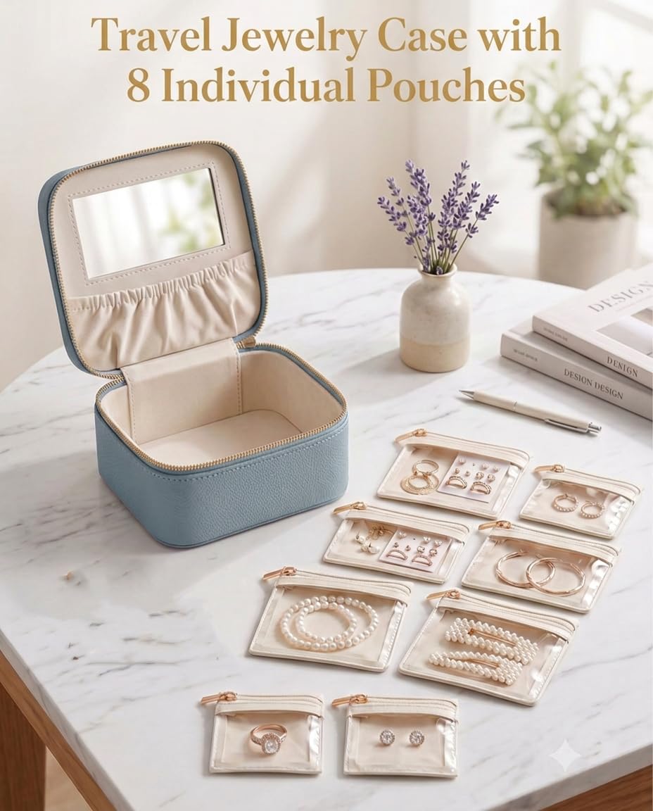 Portable Travel Jewelry Case with 8 Individual Pouches