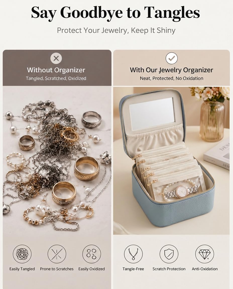 Portable Travel Jewelry Case with 8 Individual Pouches