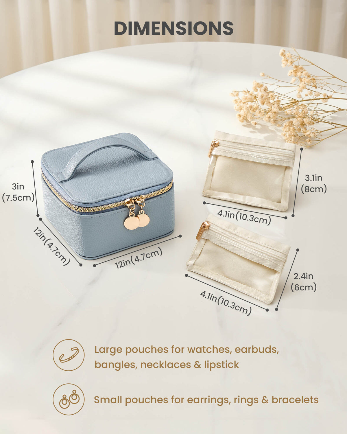 Dustyblue portable travel jewelry case with 8 individual pouches with large-capacity interior and removable sections