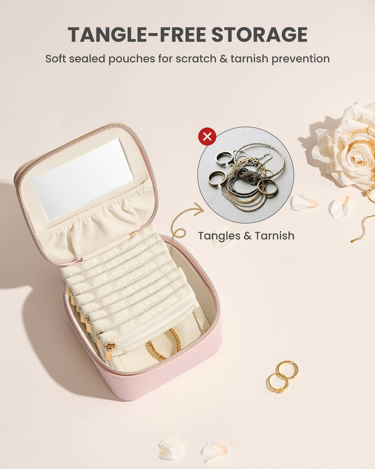 Dustypink portable travel jewelry case with 8 individual pouches with organized compartments and storage layout